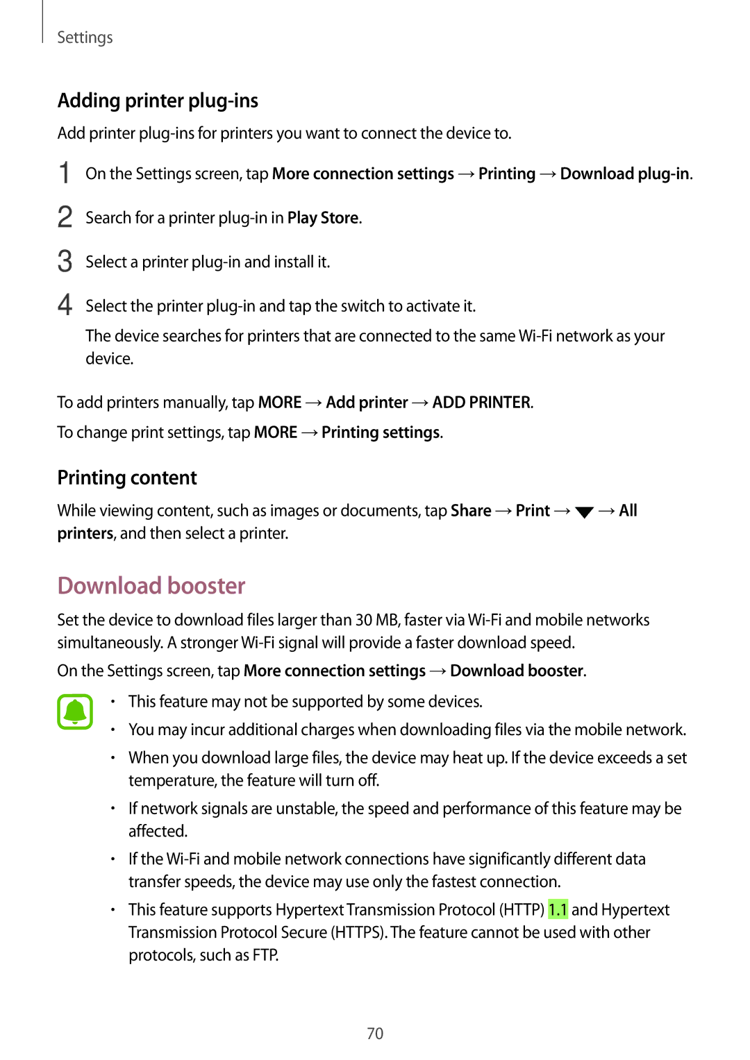 Samsung SM-G600FZKDXEV manual Download booster, Adding printer plug-ins, Printing content 