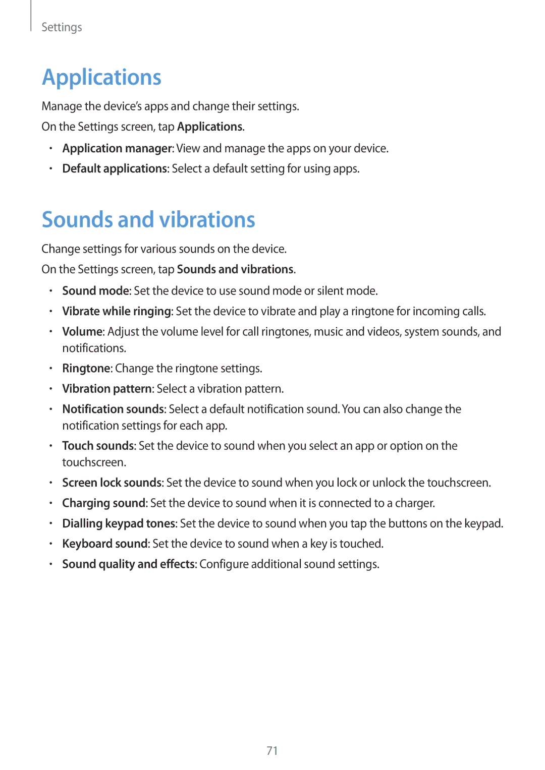 Samsung SM-G600FZKDXEV manual Applications, Sounds and vibrations 