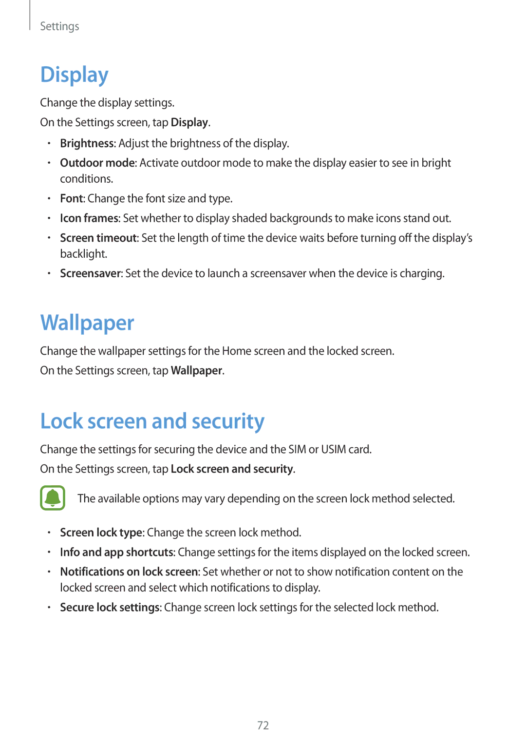 Samsung SM-G600FZKDXEV manual Display, Wallpaper, Lock screen and security 