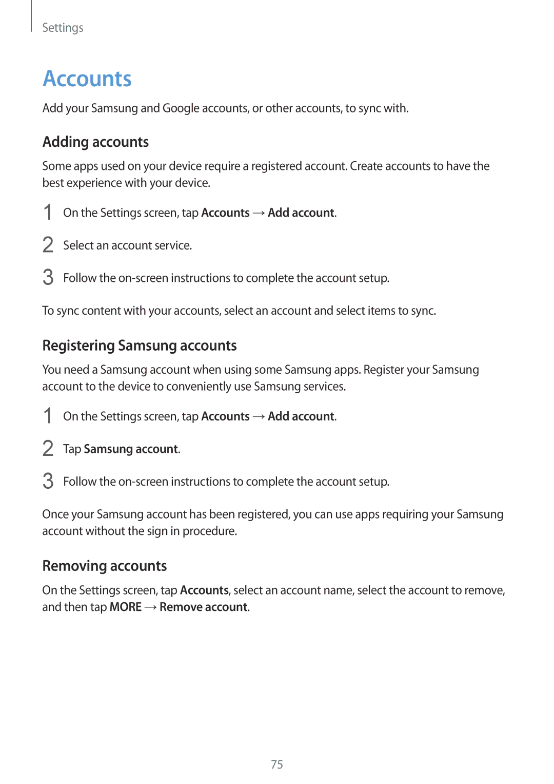 Samsung SM-G600FZKDXEV manual Accounts, Adding accounts, Registering Samsung accounts, Removing accounts 