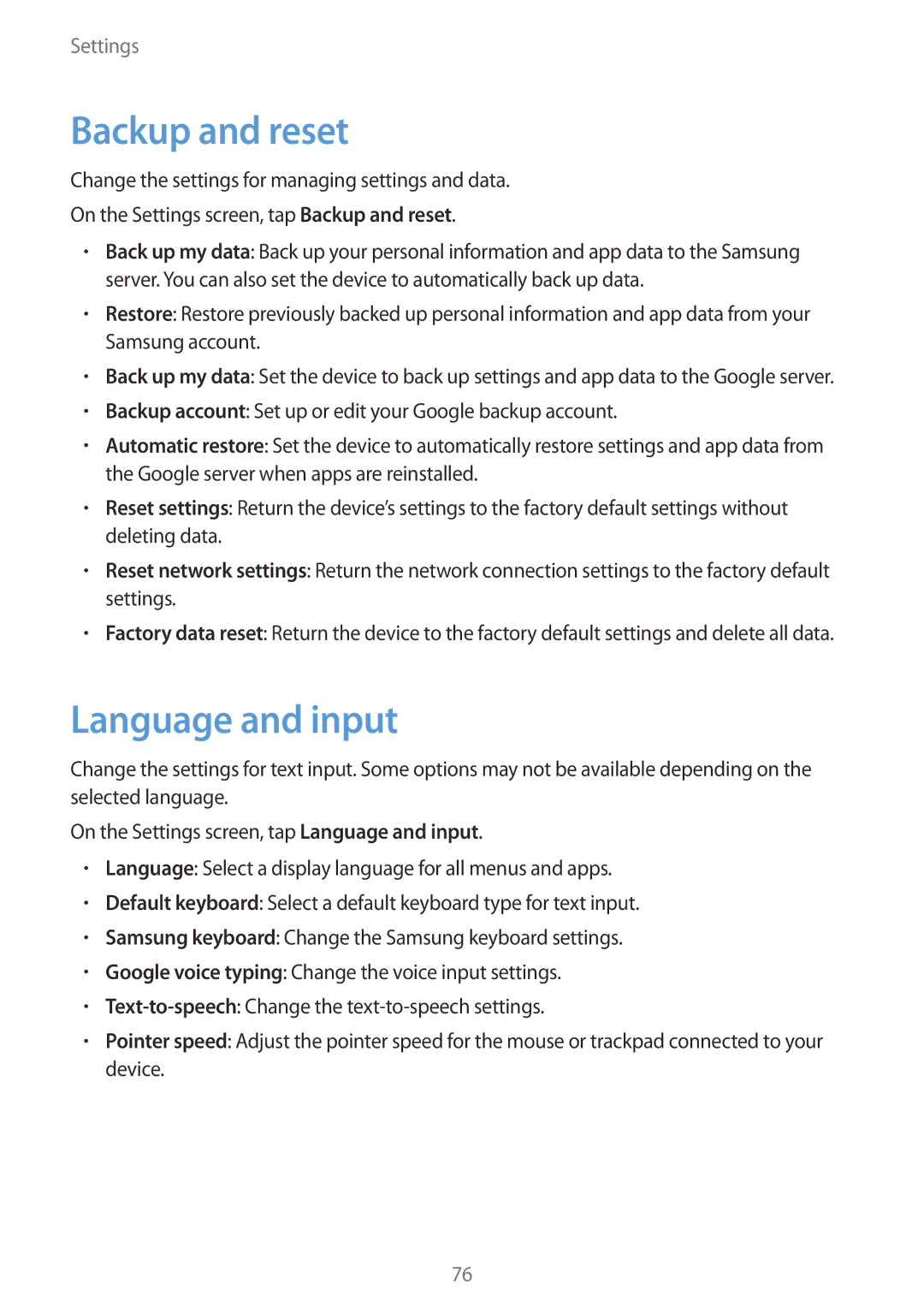 Samsung SM-G600FZKDXEV manual Backup and reset, Language and input 