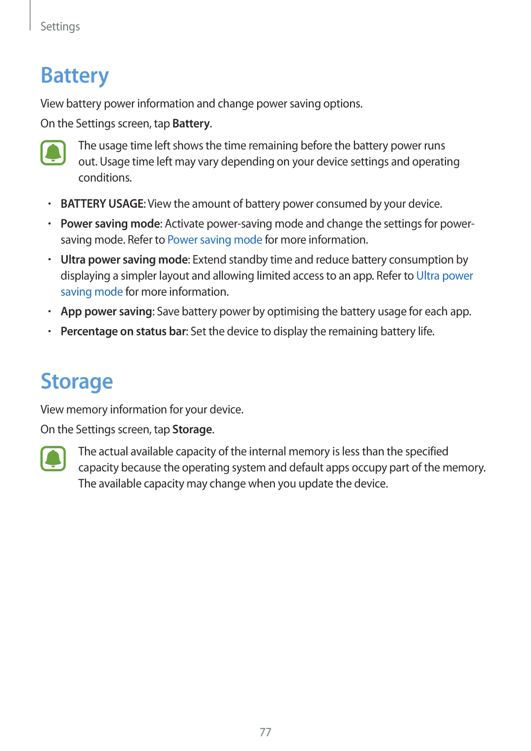 Samsung SM-G600FZKDXEV manual Battery, Storage 