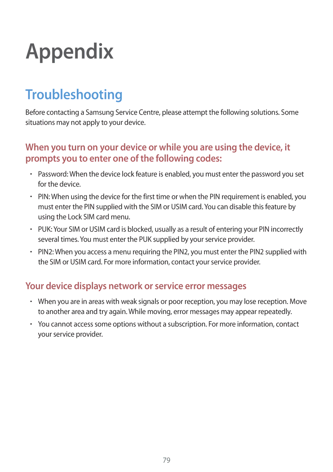 Samsung SM-G600FZKDXEV manual Appendix, Troubleshooting 