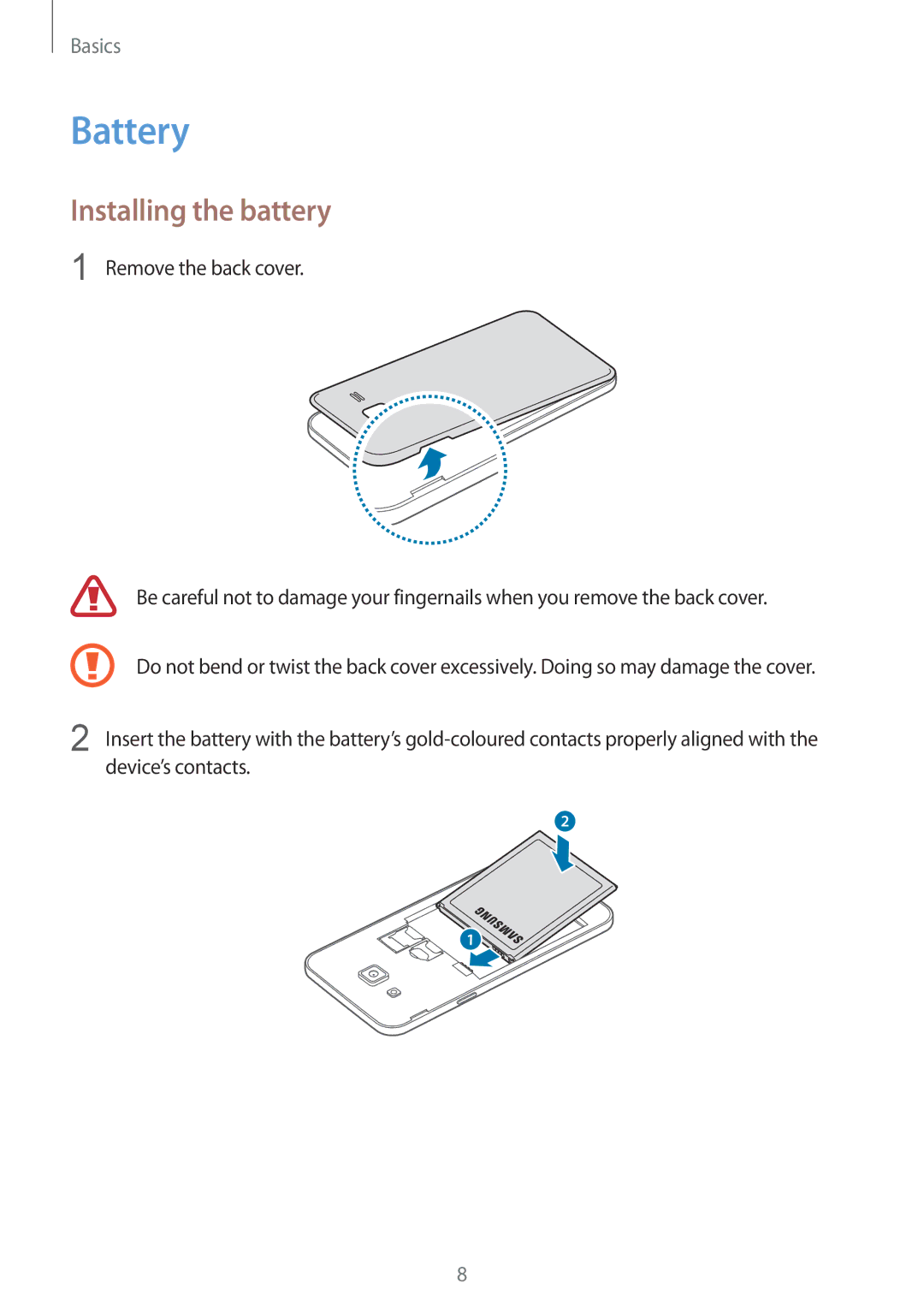 Samsung SM-G600FZKDXEV manual Battery, Installing the battery 