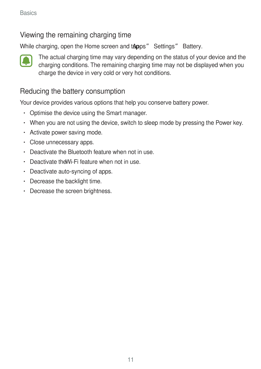 Samsung SM-G600FZKDXEV manual Viewing the remaining charging time, Reducing the battery consumption 