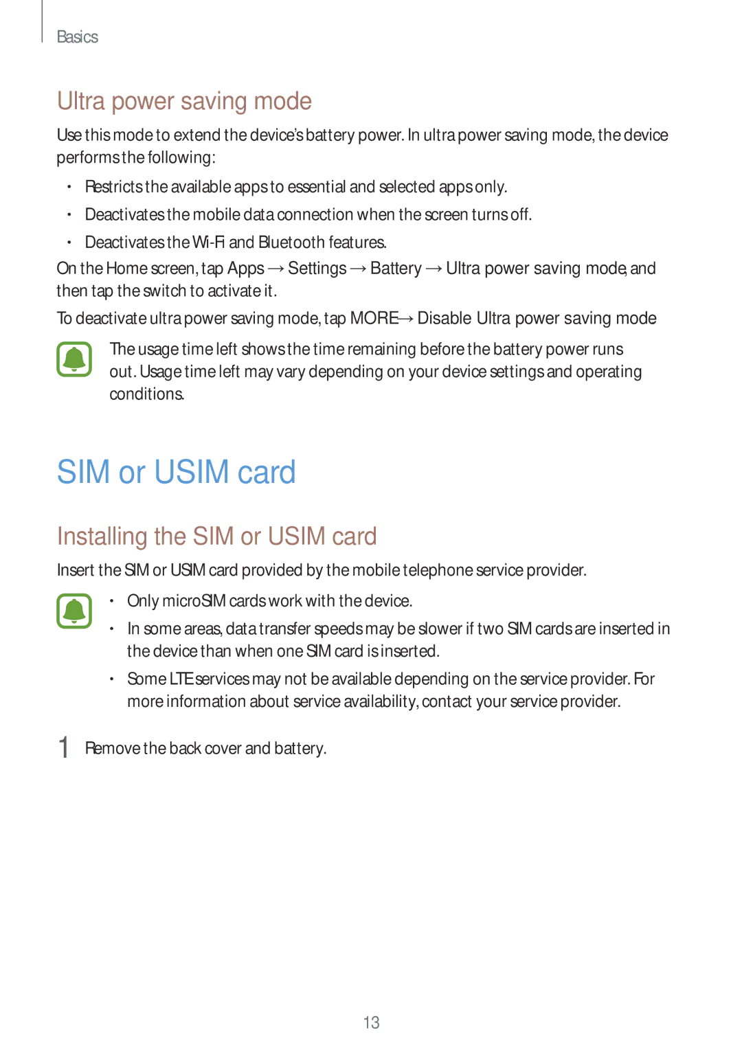 Samsung SM-G600FZKDXEV manual Ultra power saving mode, Installing the SIM or Usim card 