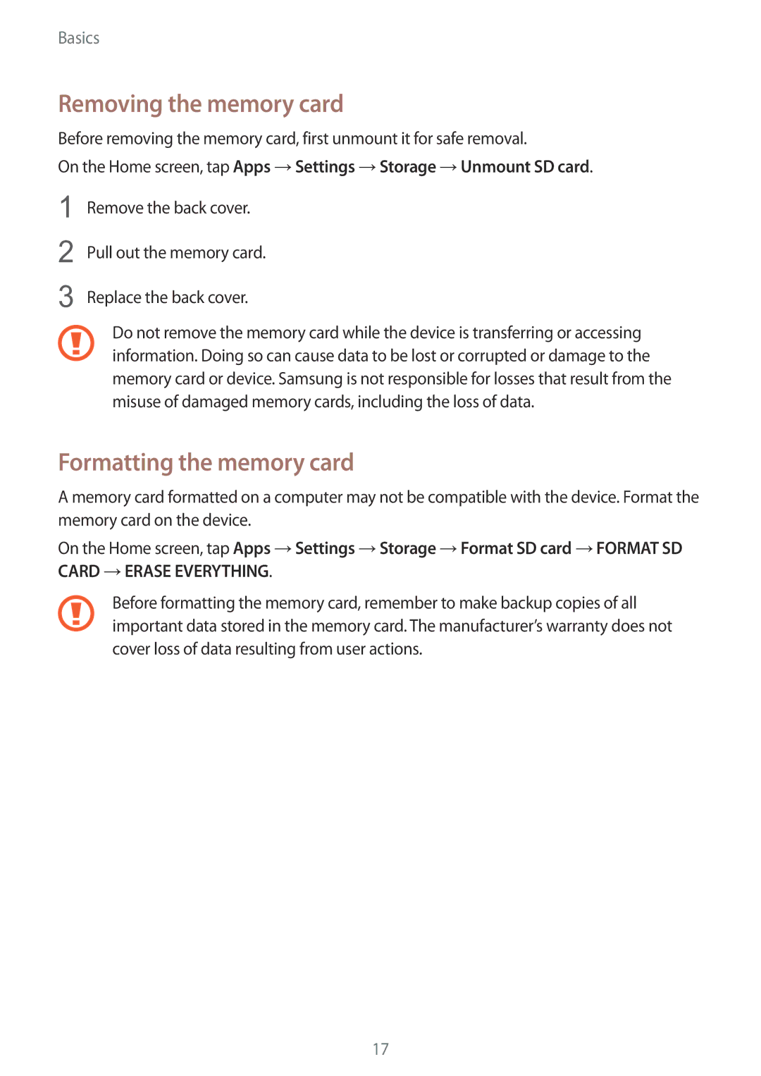 Samsung SM-G600FZKDXEV manual Removing the memory card, Formatting the memory card 