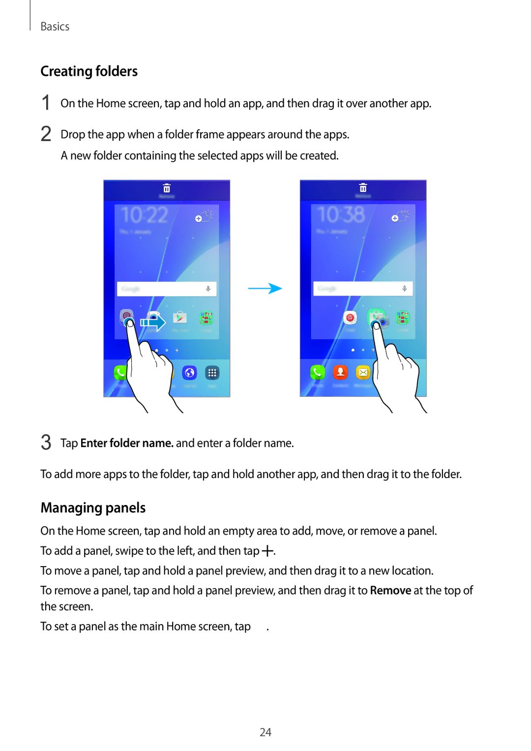 Samsung SM-G600FZKDXEV manual Creating folders, Managing panels 