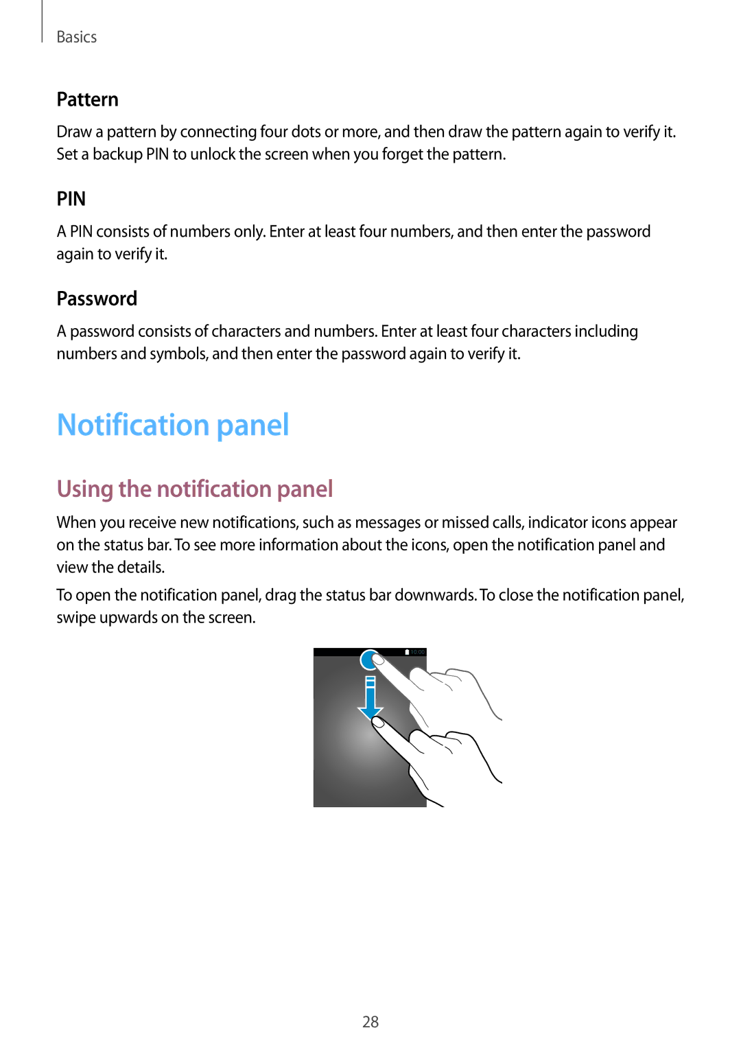 Samsung SM-G600FZKDXEV manual Notification panel, Using the notification panel, Pattern, Password 