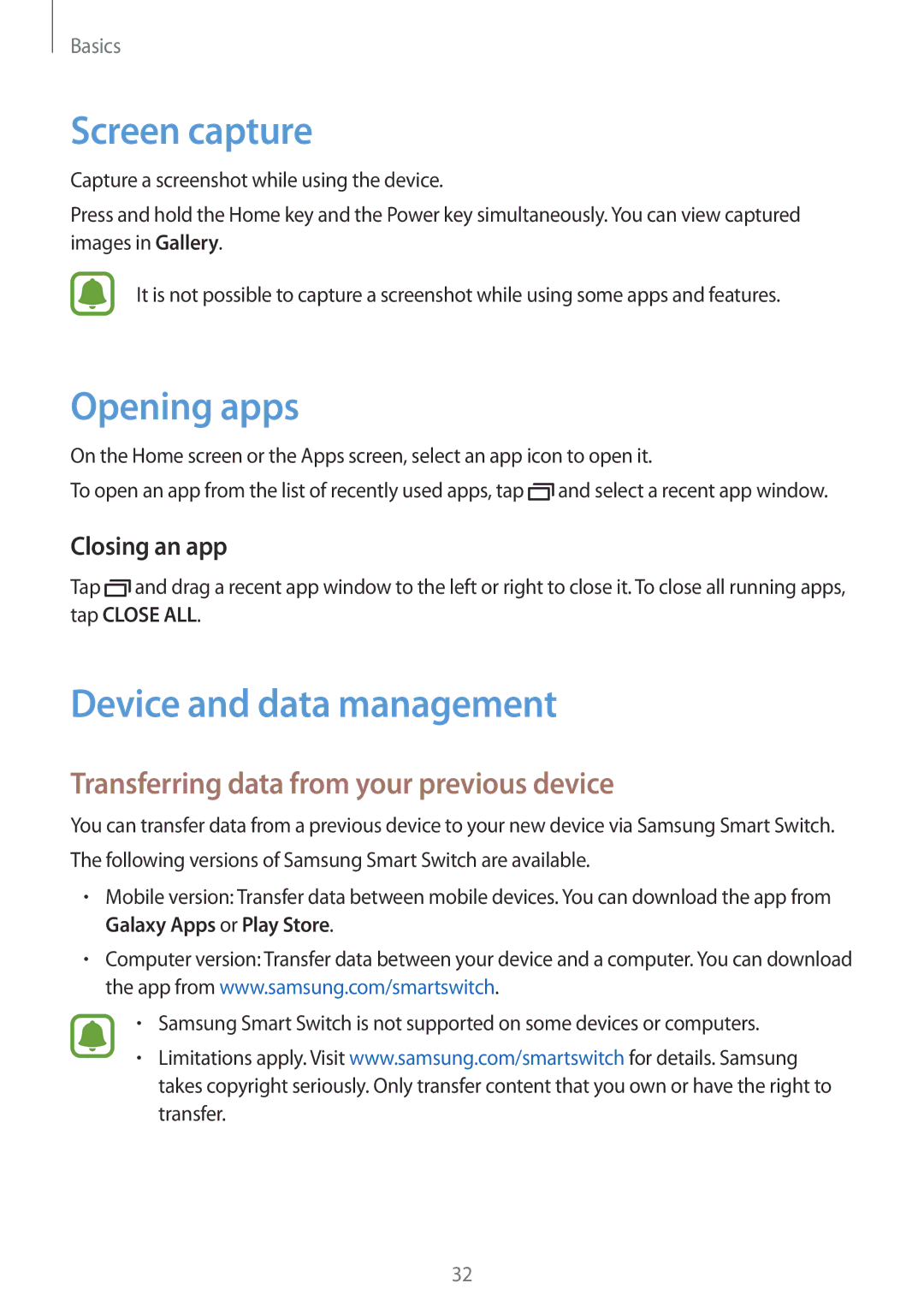 Samsung SM-G600FZKDXEV manual Screen capture, Opening apps, Device and data management, Closing an app 