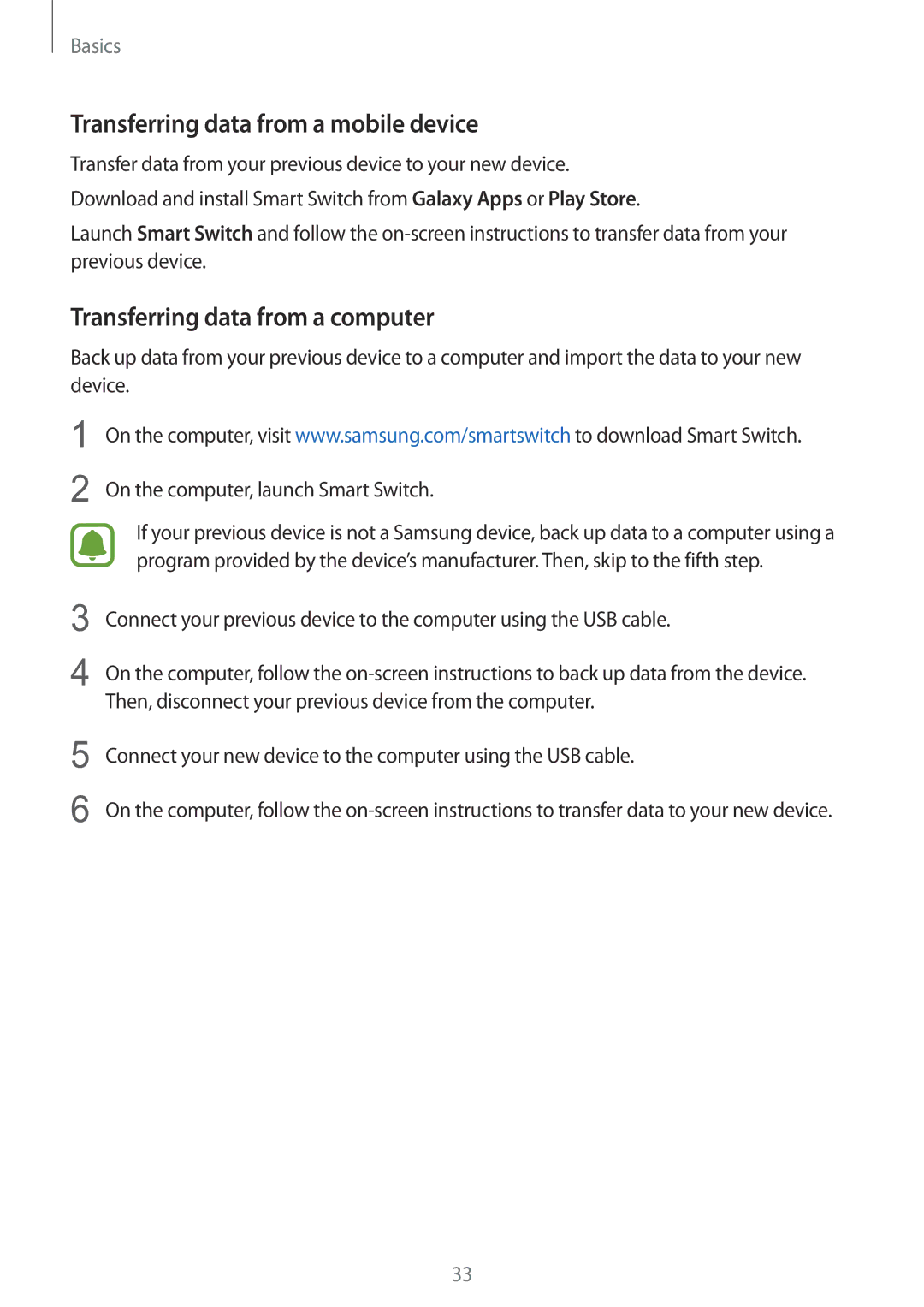 Samsung SM-G600FZKDXEV manual Transferring data from a mobile device, Transferring data from a computer 