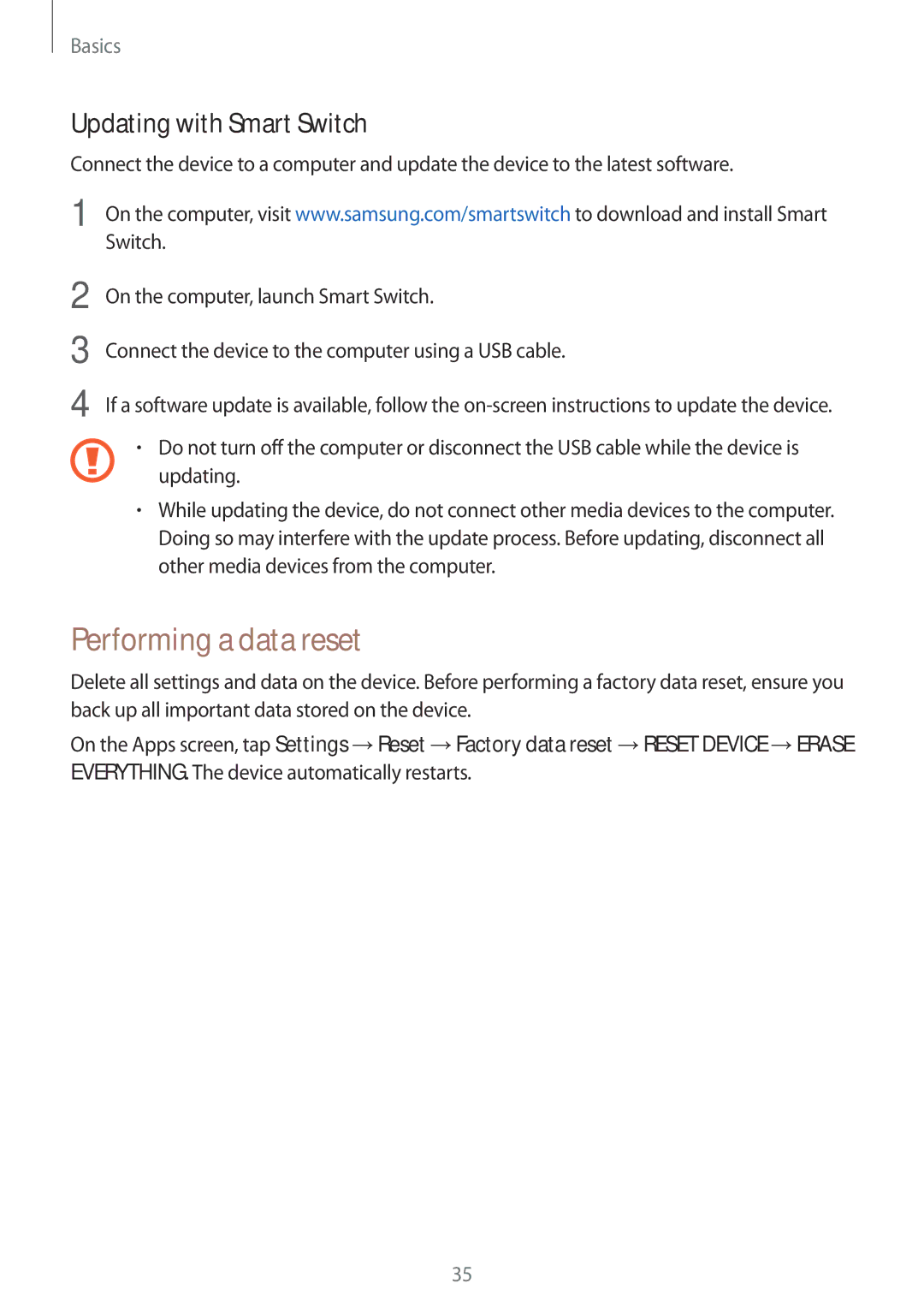 Samsung SM-G600FZKDXEV manual Performing a data reset, Updating with Smart Switch 