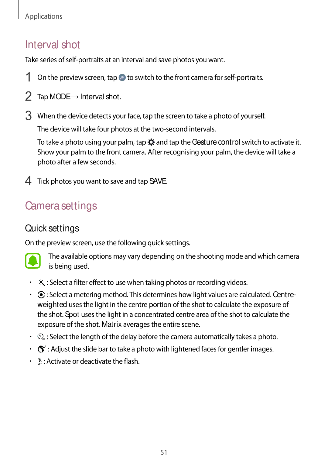 Samsung SM-G600FZKDXEV manual Interval shot, Camera settings, Quick settings 