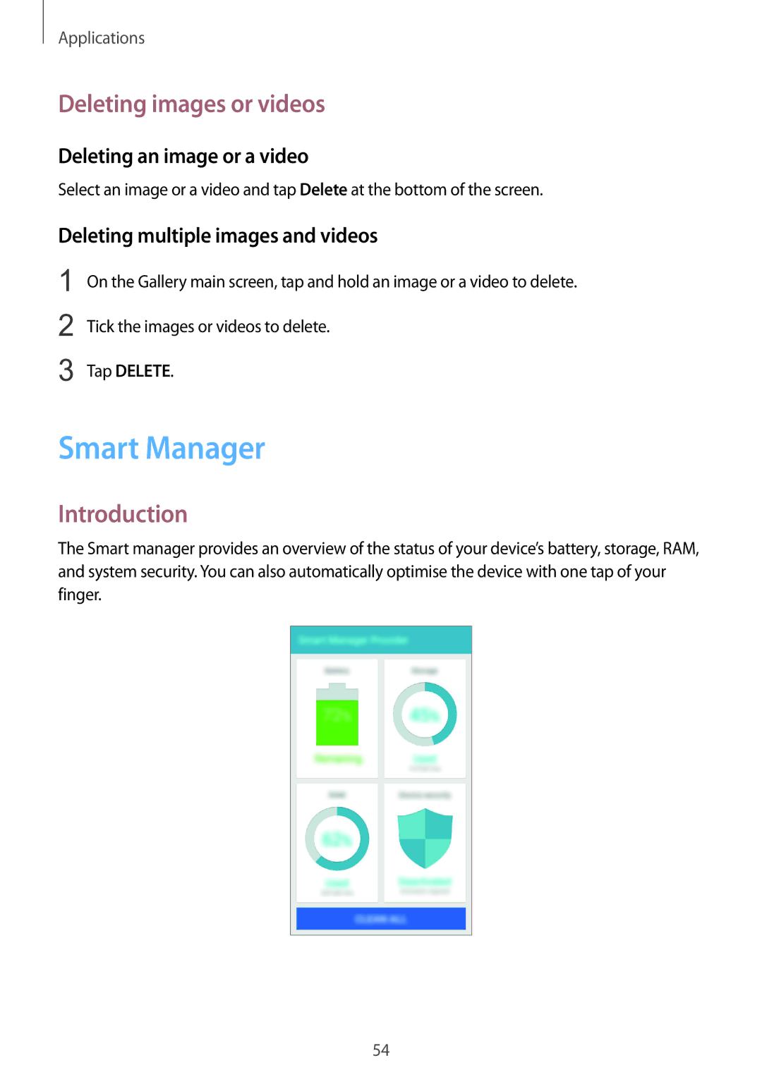 Samsung SM-G600FZKDXEV manual Smart Manager, Deleting images or videos, Deleting an image or a video 