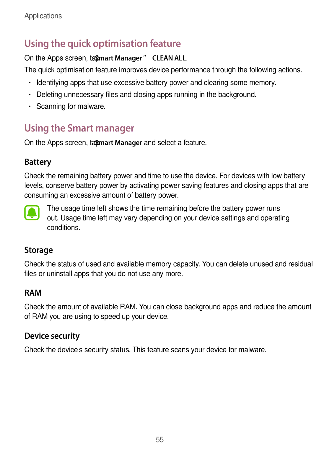 Samsung SM-G600FZKDXEV Using the quick optimisation feature, Using the Smart manager, Battery, Storage, Device security 