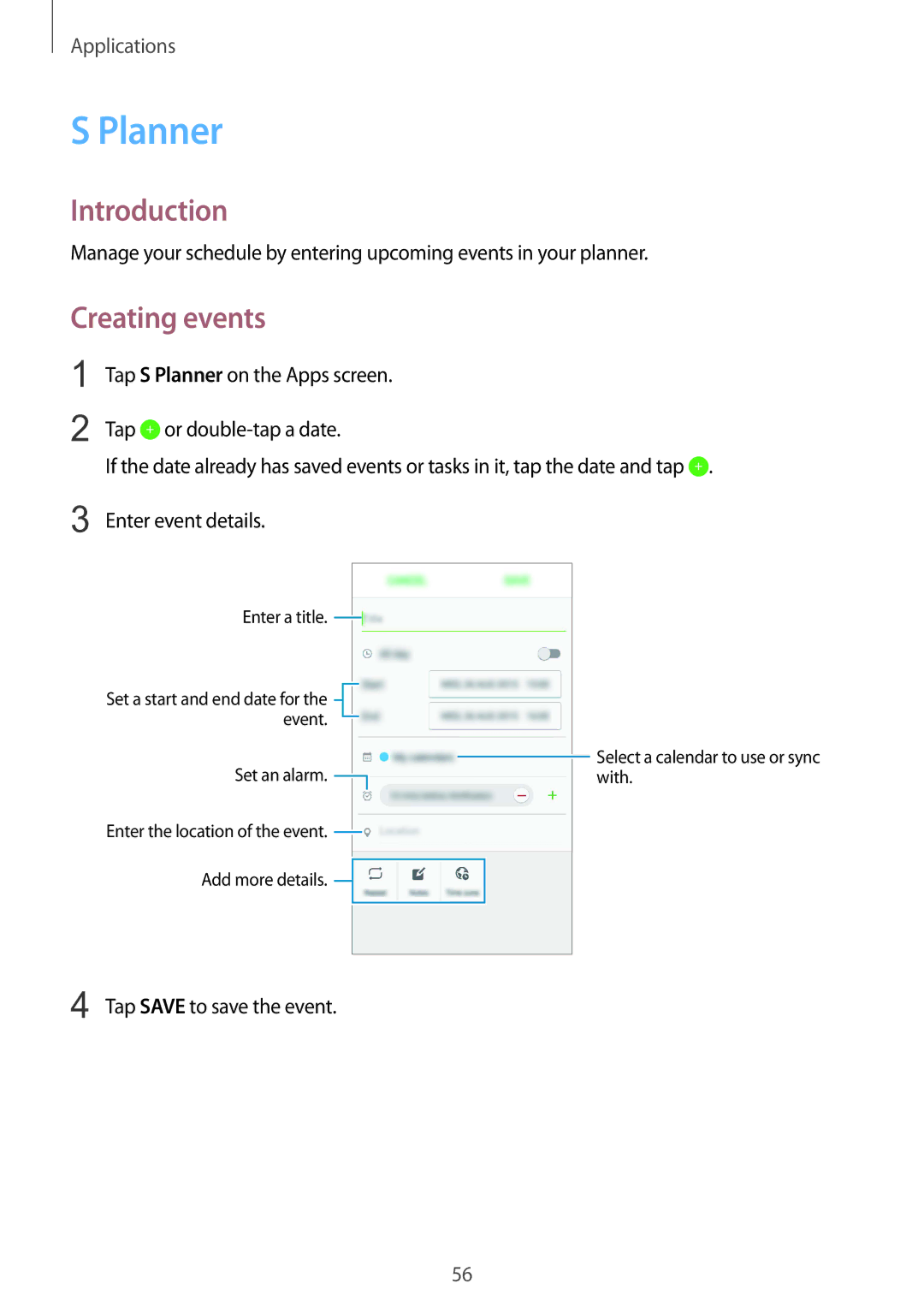 Samsung SM-G600FZKDXEV manual Planner, Creating events 