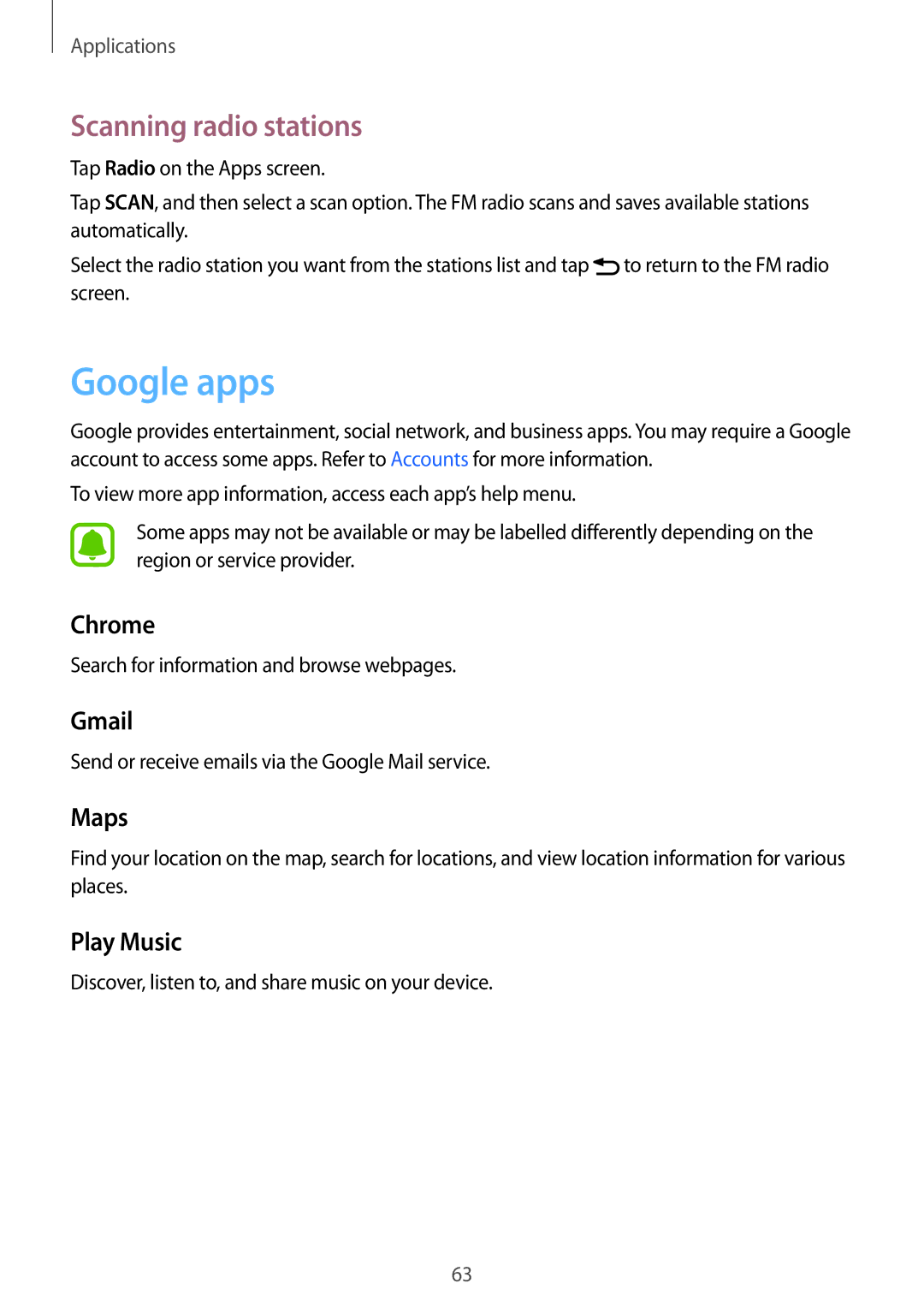 Samsung SM-G600FZKDXEV manual Google apps, Scanning radio stations 