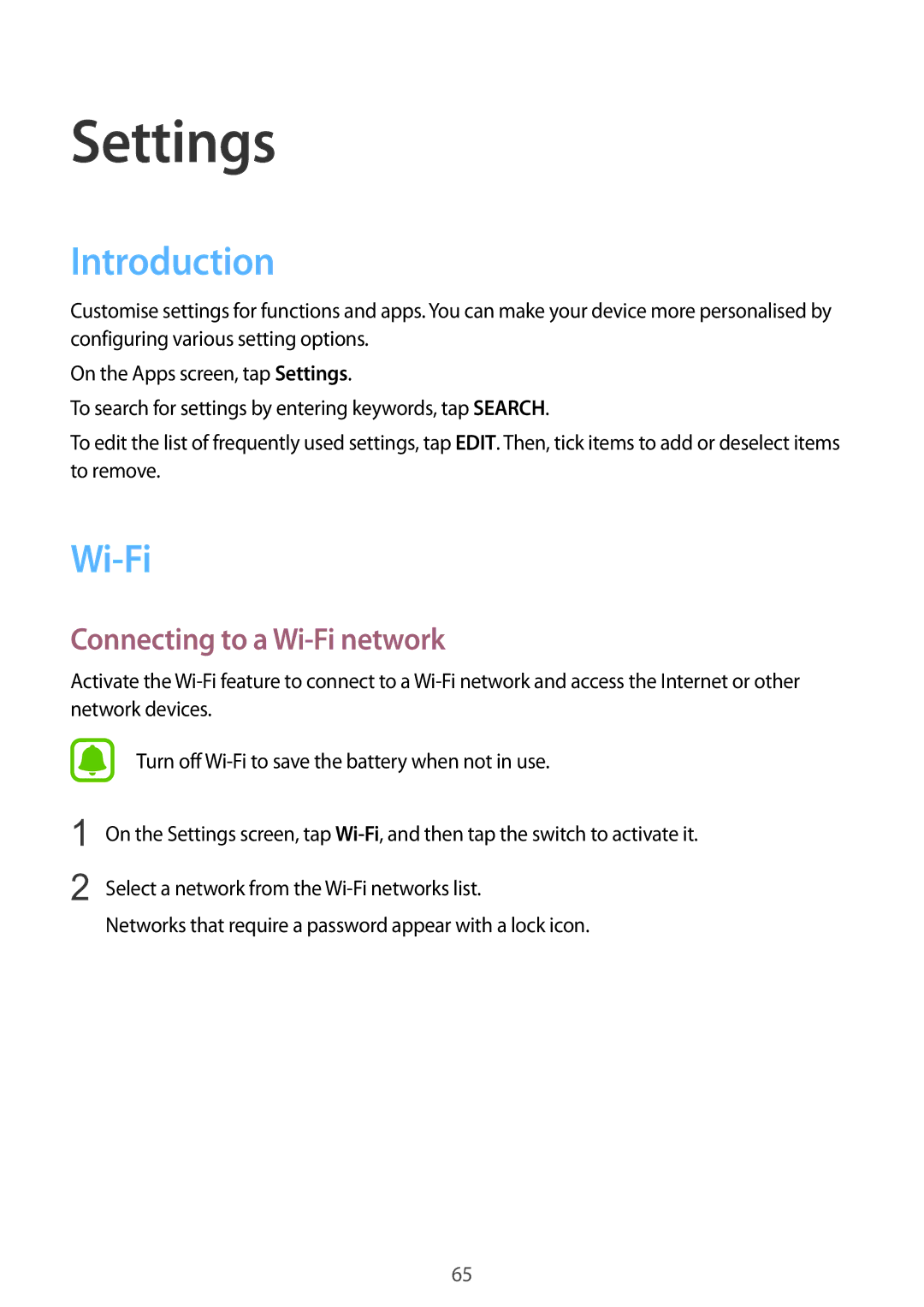 Samsung SM-G600FZKDXEV manual Introduction, Connecting to a Wi-Fi network 