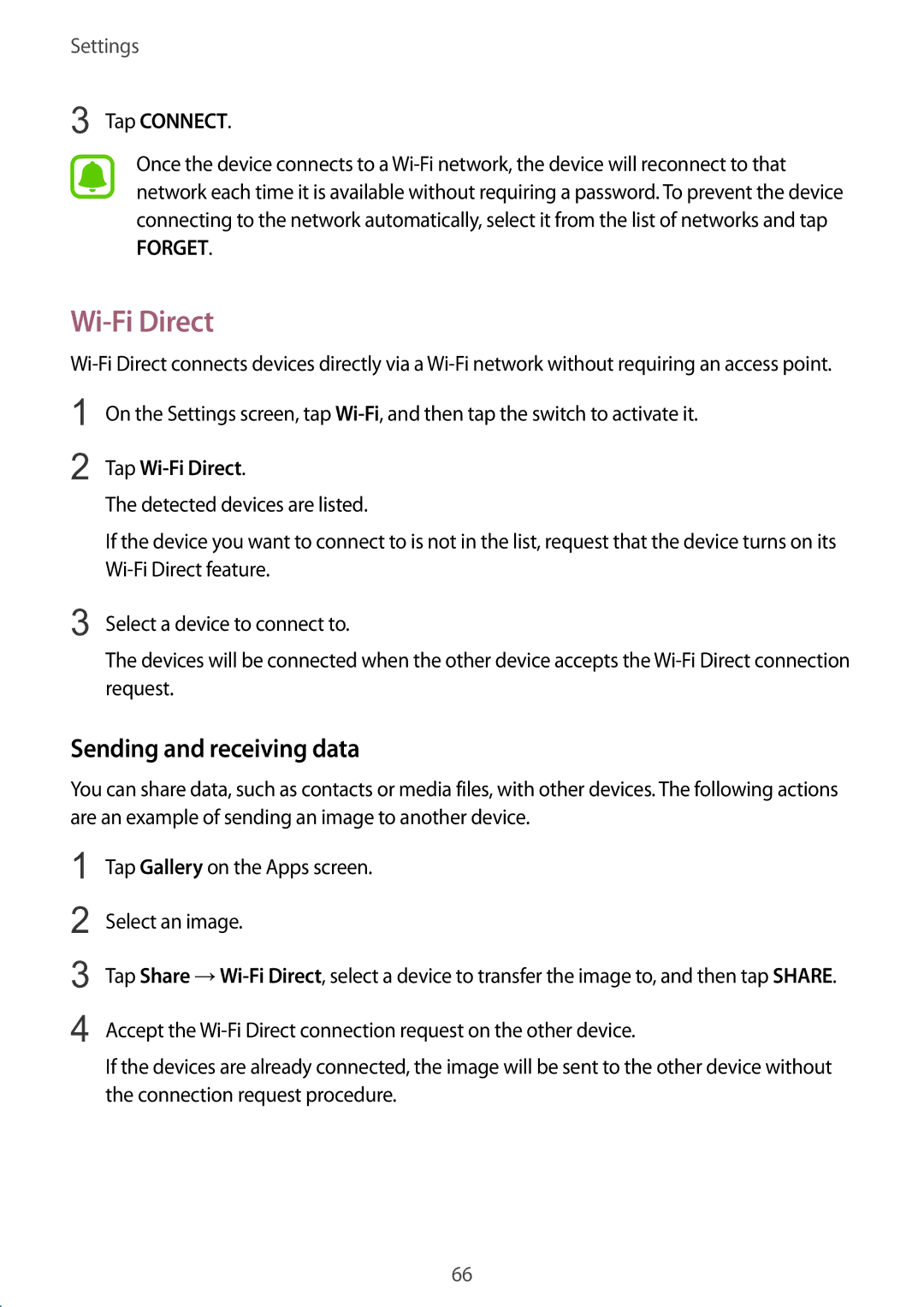 Samsung SM-G600FZKDXEV manual Wi-Fi Direct, Sending and receiving data 