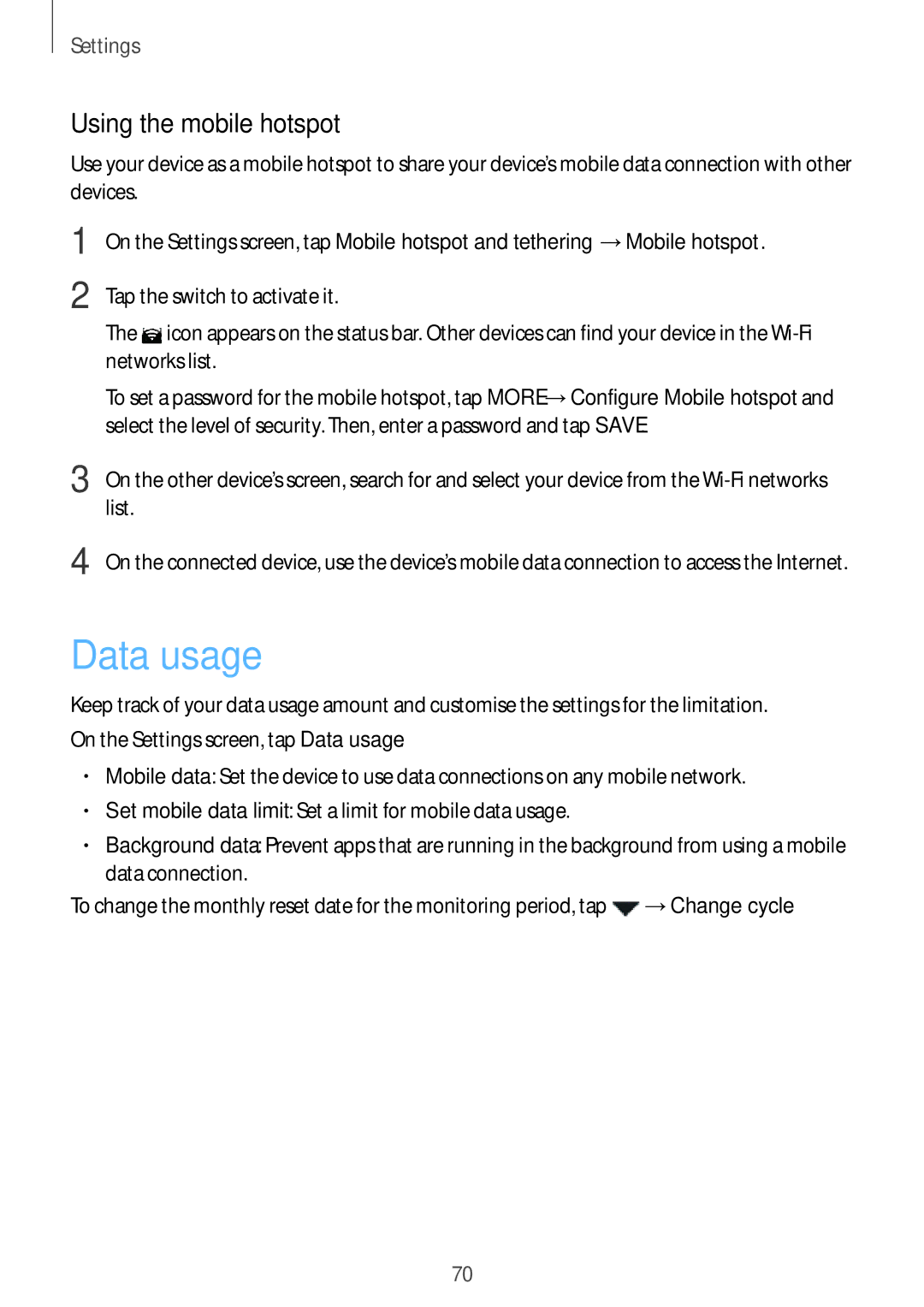 Samsung SM-G600FZKDXEV manual Data usage, Using the mobile hotspot 