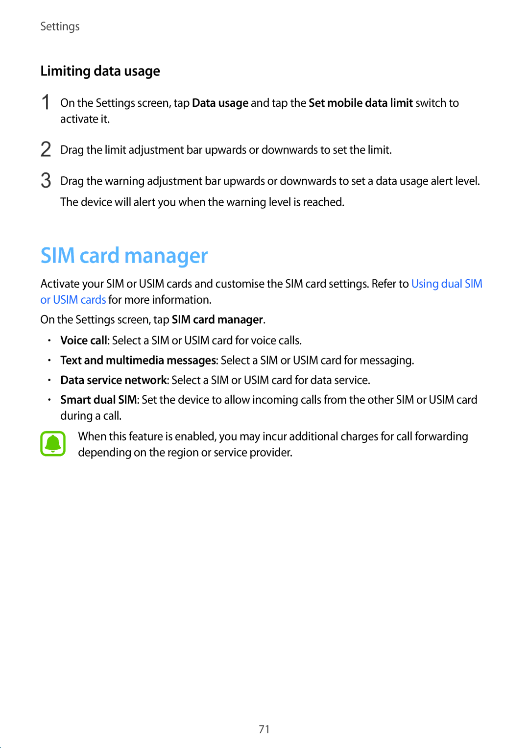 Samsung SM-G600FZKDXEV manual SIM card manager, Limiting data usage 