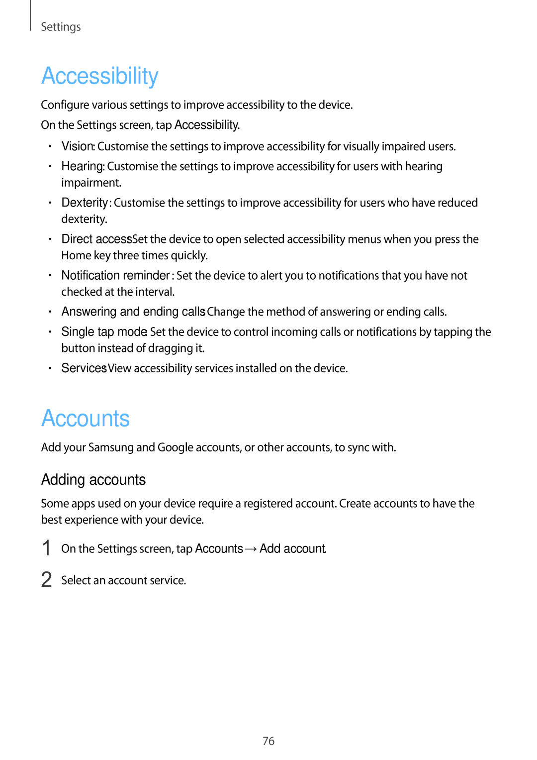 Samsung SM-G600FZKDXEV manual Accessibility, Accounts, Adding accounts 