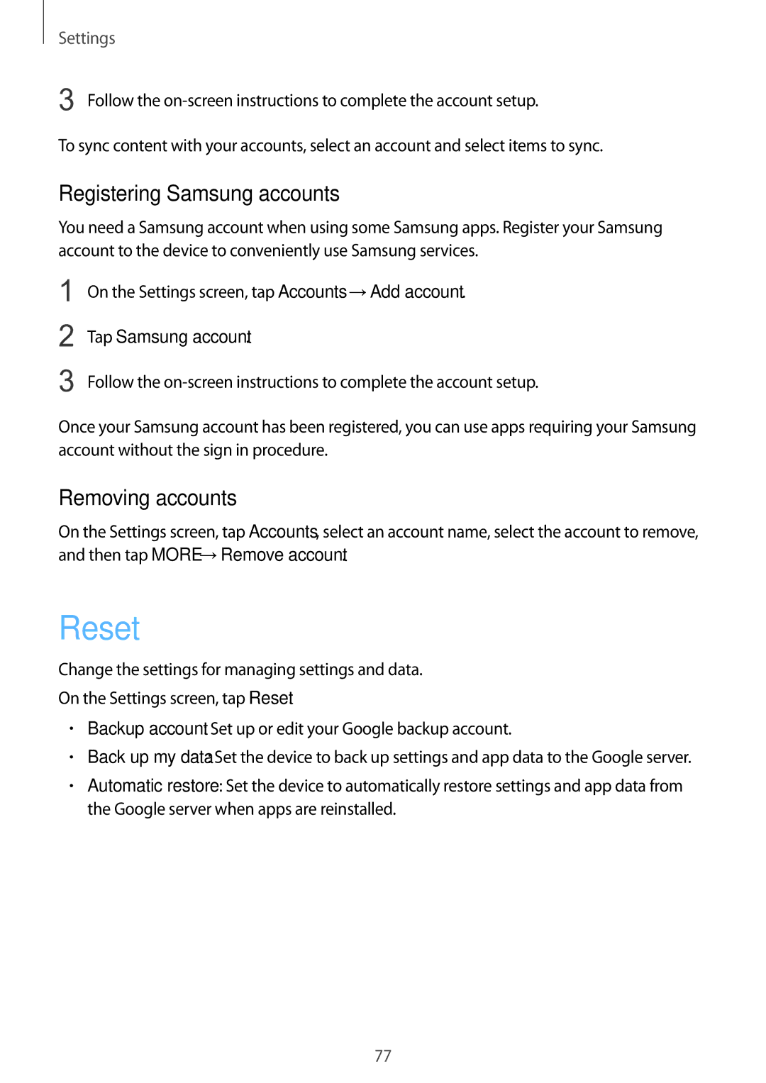 Samsung SM-G600FZKDXEV manual Reset, Registering Samsung accounts, Removing accounts 