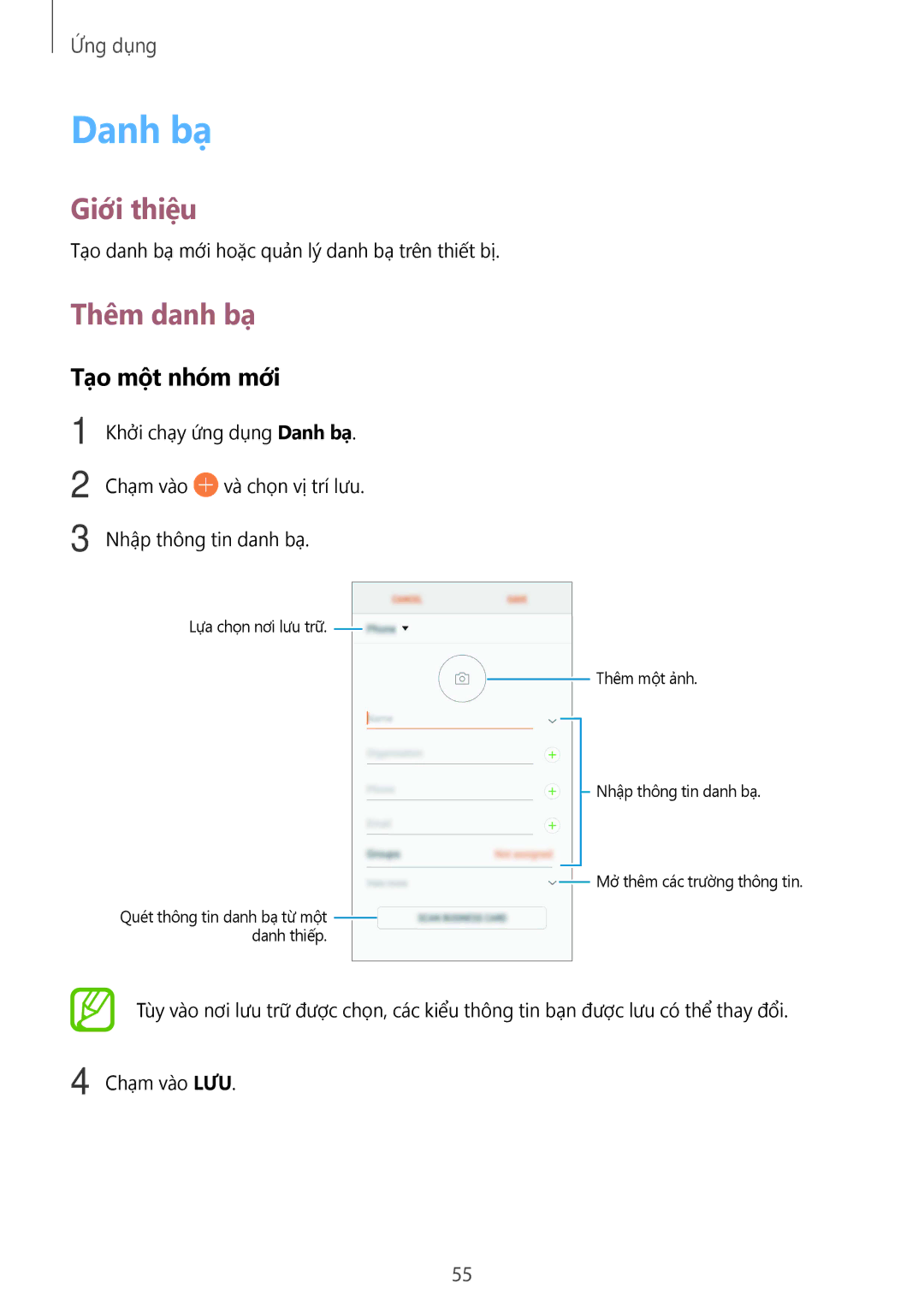 Samsung SM-G610FZKGXXV, SM-G610FWDGXXV, SM-G570YWDDXXV, SM-G570YEDDXXV manual Danh bạ, Thêm danh bạ, Tạo một nhóm mới 