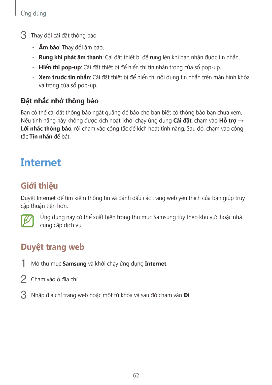 Samsung SM-G610FZKGXXV, SM-G610FWDGXXV, SM-G570YWDDXXV, SM-G570YEDDXXV Internet, Duyệt trang web, Đặt nhắc nhở thông báo 
