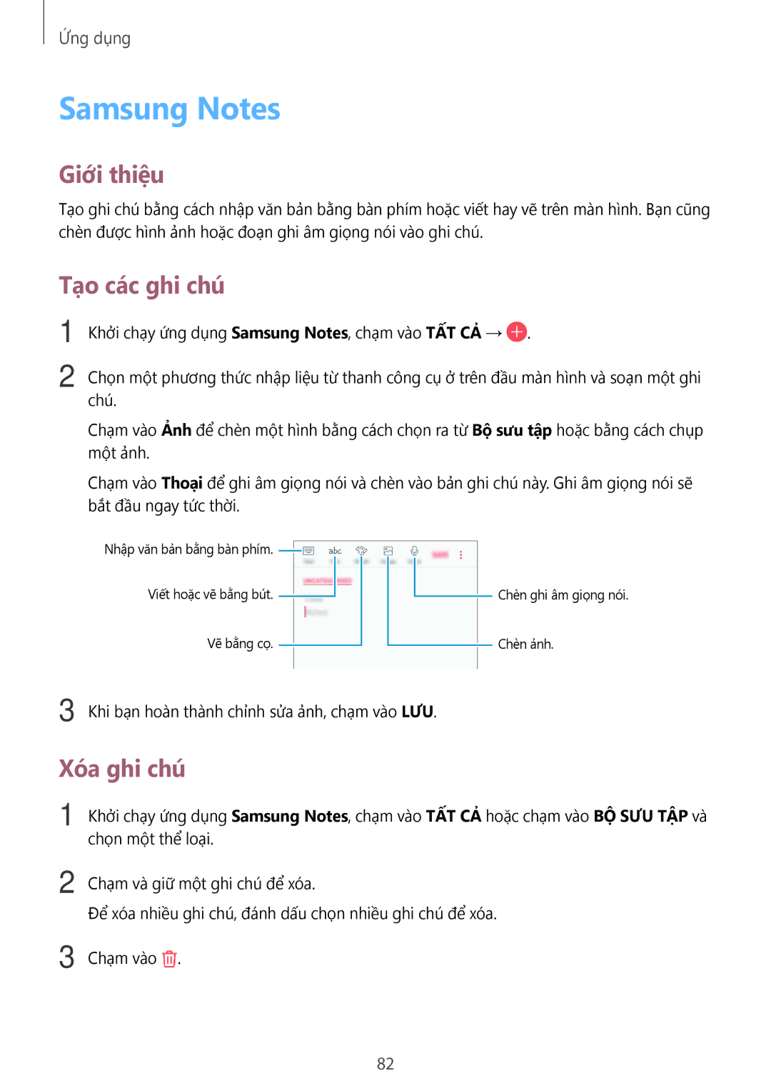 Samsung SM-G610FEDGXXV, SM-G610FWDGXXV, SM-G570YWDDXXV, SM-G570YEDDXXV manual Samsung Notes, Tạo các ghi chú, Xóa ghi chú 