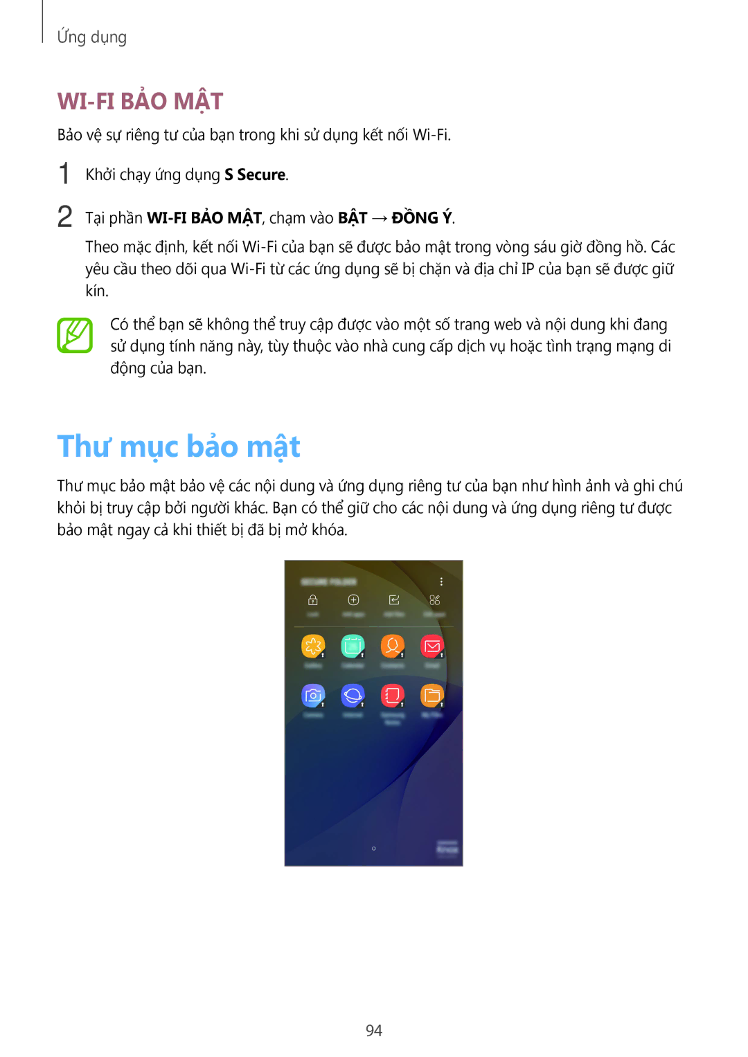 Samsung SM-G570YZKDXXV, SM-G610FWDGXXV, SM-G570YWDDXXV manual Thư mục bảo mật, Tại phần WI-FI BẢO MẬT, chạm vào BẬT → Đồng Ý 