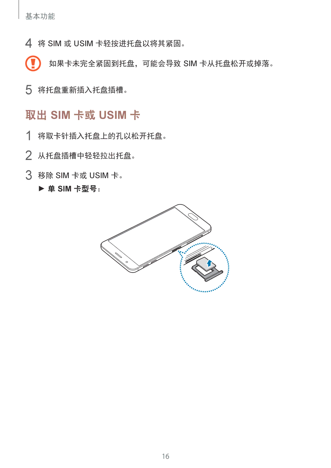 Samsung SM-G570YEDDXXV, SM-G610FWDGXXV, SM-G570YWDDXXV, SM-G570YZKDXXV 取出 SIM 卡或 Usim 卡, 将取卡针插入托盘上的孔以松开托盘。 从托盘插槽中轻轻拉出托盘。 