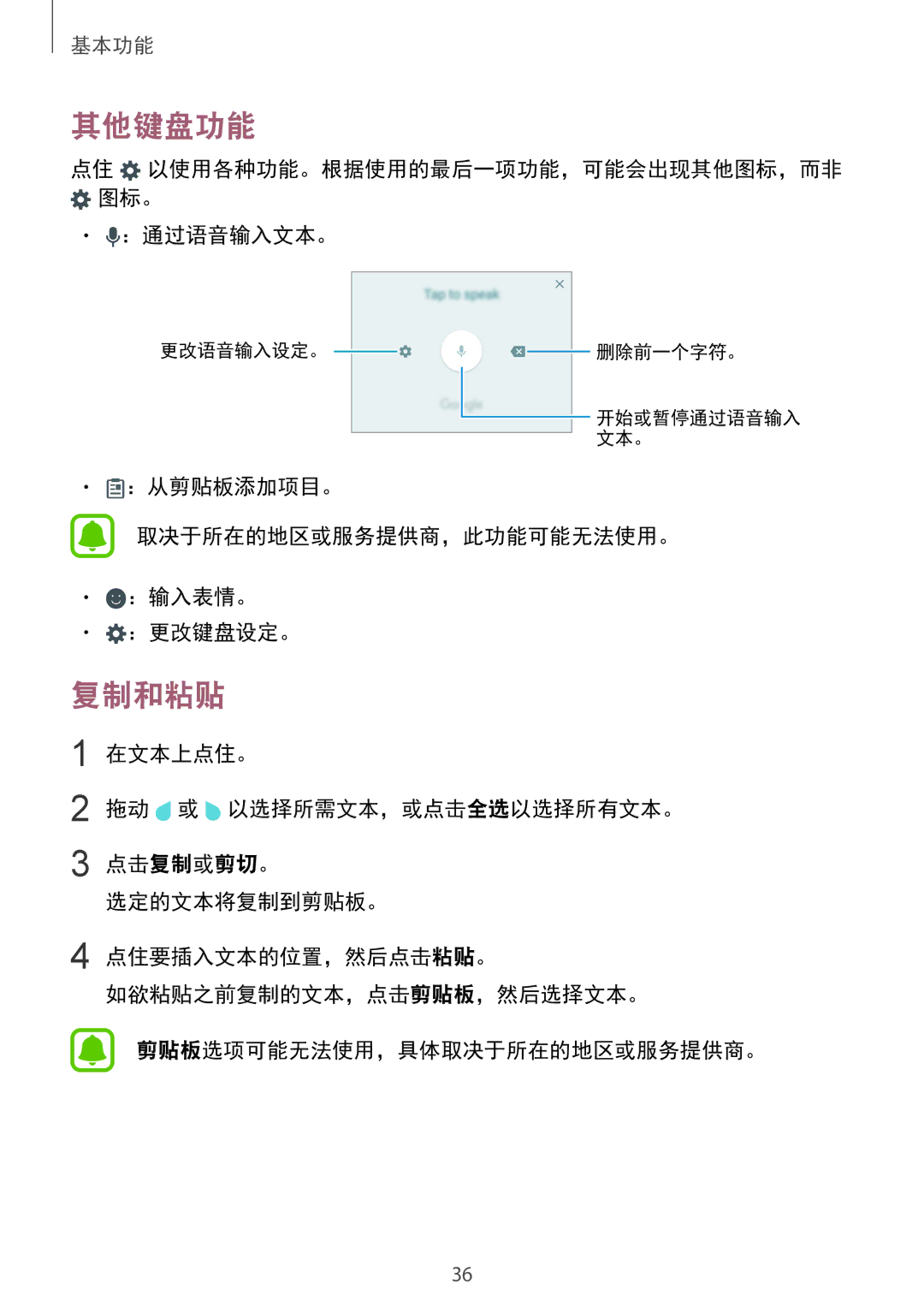 Samsung SM-G570YWDDXXV, SM-G610FWDGXXV 其他键盘功能, 复制和粘贴, ：通过语音输入文本。, ：从剪贴板添加项目。 取决于所在的地区或服务提供商，此功能可能无法使用。 ：输入表情。 ：更改键盘设定。 