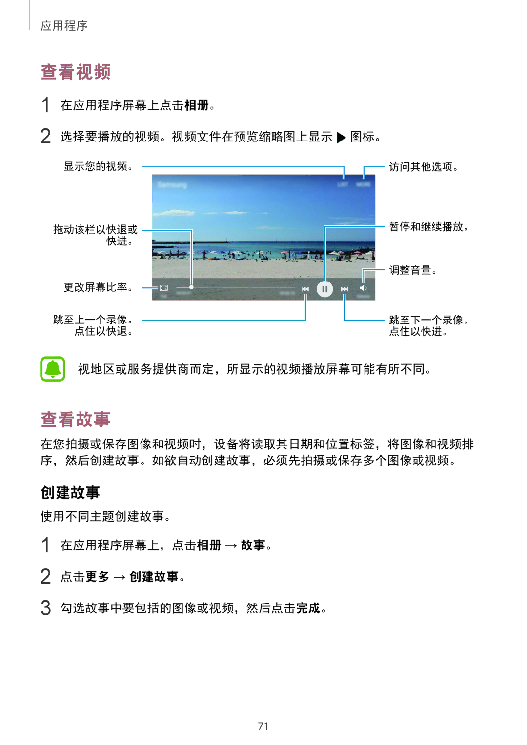 Samsung SM-G570YWDDXXV manual 查看视频, 查看故事, 创建故事, 在应用程序屏幕上点击相册。 选择要播放的视频。视频文件在预览缩略图上显示 图标。, 视地区或服务提供商而定，所显示的视频播放屏幕可能有所不同。 
