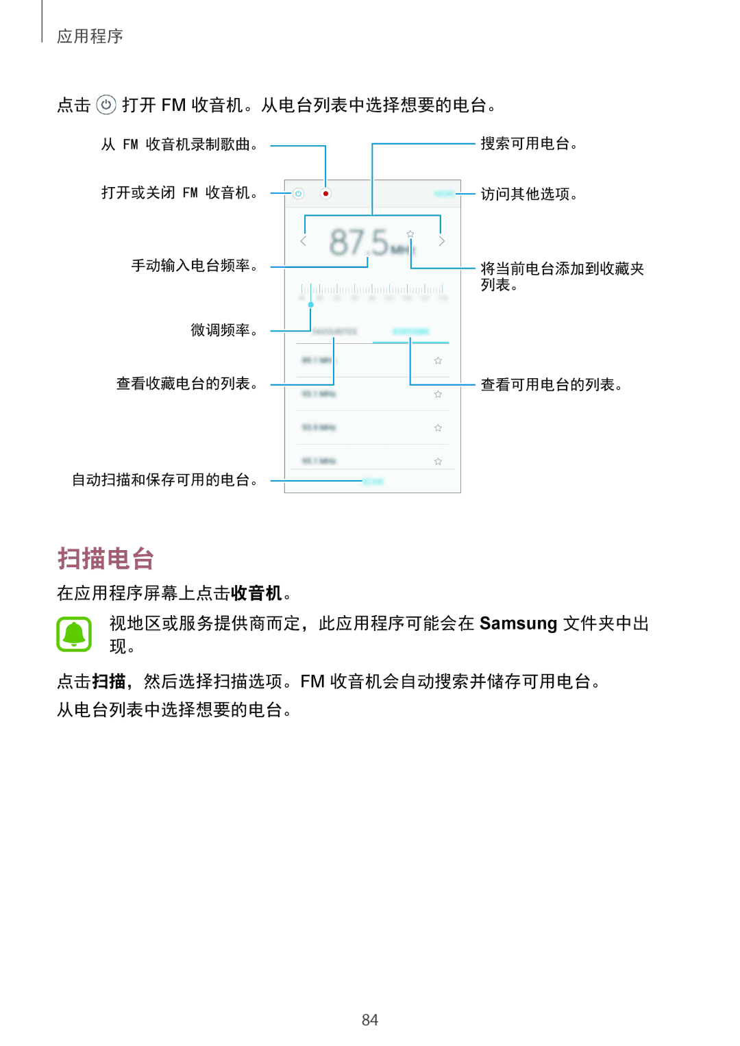 Samsung SM-G610FWDGXXV, SM-G570YWDDXXV, SM-G570YEDDXXV, SM-G570YZKDXXV, SM-G610FZSGXXV manual 扫描电台, 点击 打开 Fm 收音机。从电台列表中选择想要的电台。 