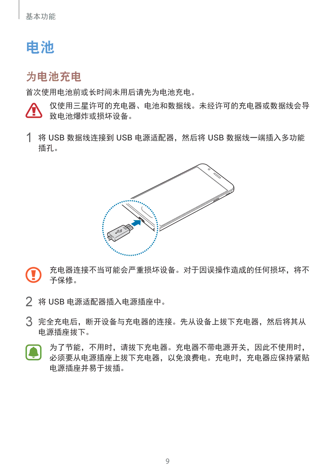 Samsung SM-G570YEDDXXV manual 首次使用电池前或长时间未用后请先为电池充电。, Usb 数据线连接到 Usb 电源适配器，然后将 Usb 数据线一端插入多功能 插孔。, Usb 电源适配器插入电源插座中。 