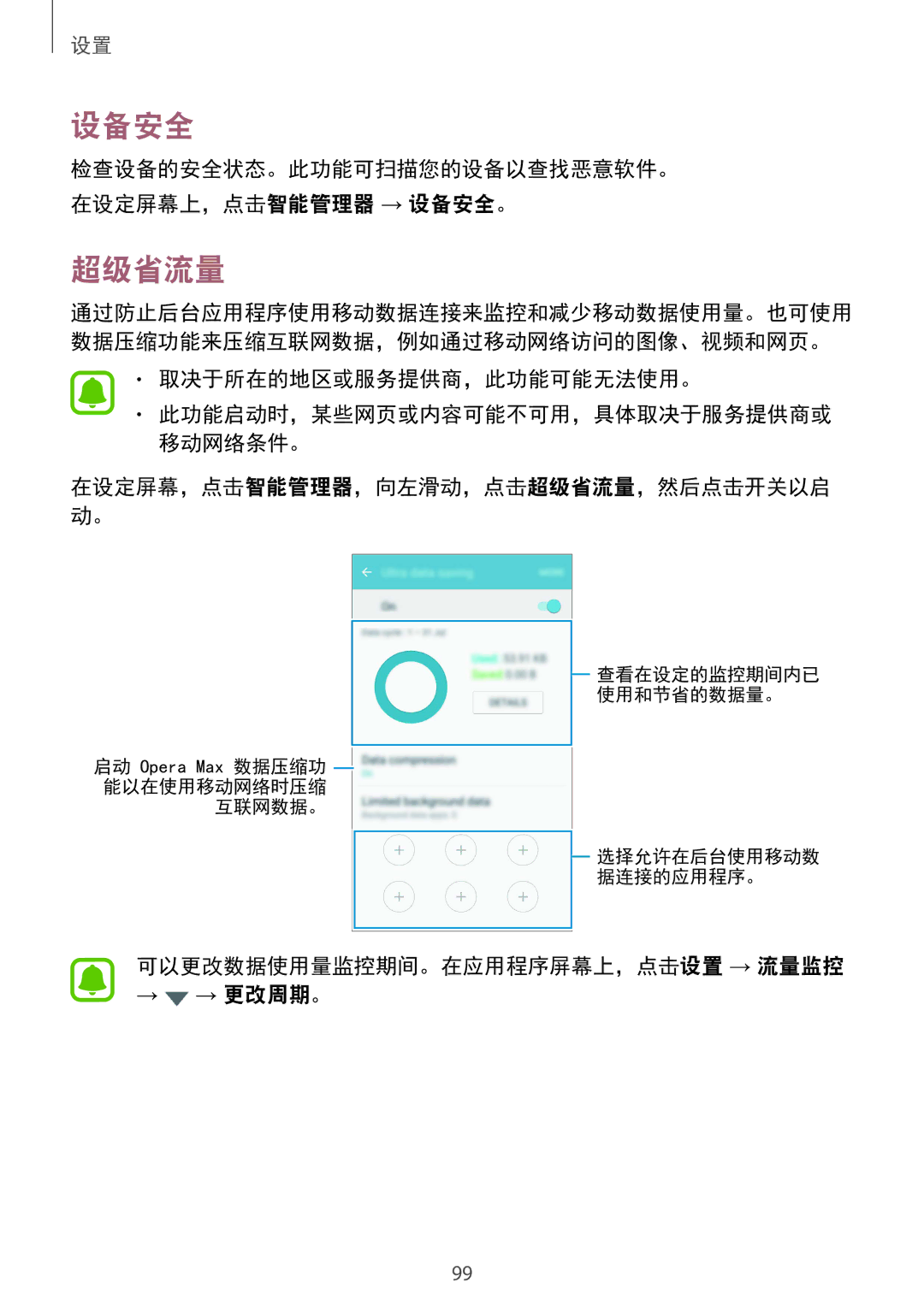 Samsung SM-G570YWDDXXV, SM-G610FWDGXXV, SM-G570YEDDXXV manual 设备安全, 超级省流量, 可以更改数据使用量监控期间。在应用程序屏幕上，点击设置 → 流量监控 → → 更改周期。 