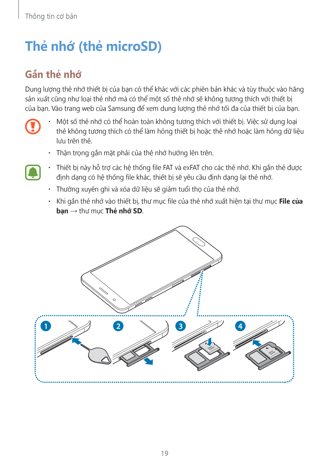 Samsung SM-G610FEDGXXV, SM-G610FWDGXXV, SM-G570YWDDXXV, SM-G570YEDDXXV, SM-G570YZKDXXV manual Thẻ nhớ thẻ microSD, Gắn thẻ nhớ 