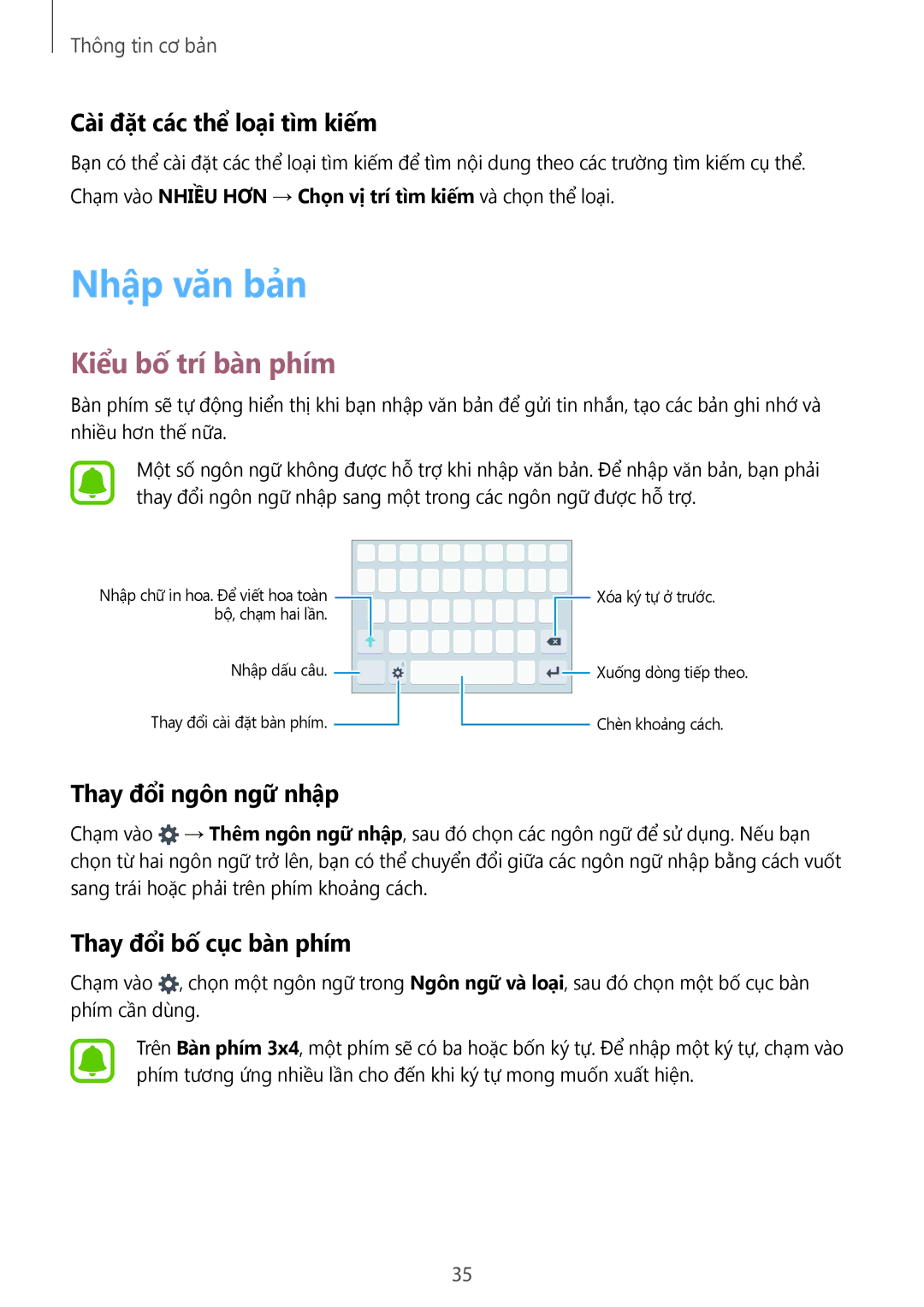 Samsung SM-G610FWDGXXV manual Nhập văn bản, Kiểu bố trí bàn phím, Cài đặt các thể loại tìm kiếm, Thay đổi ngôn ngữ nhập 