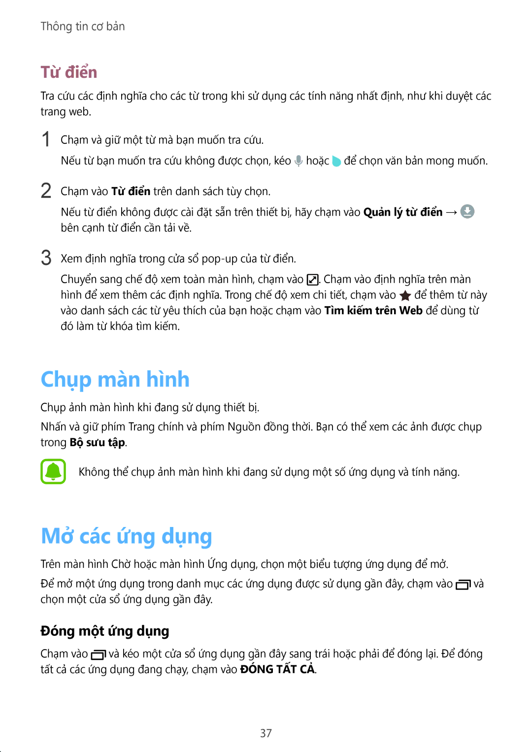 Samsung SM-G570YEDDXXV, SM-G610FWDGXXV, SM-G570YWDDXXV manual Chụp màn hình, Mở các ứng dụng, Từ điển, Đóng một ứng dụng 