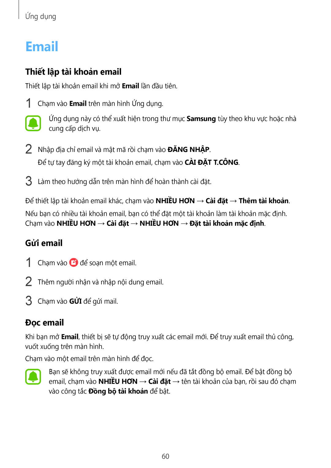 Samsung SM-G610FZSGXXV, SM-G610FWDGXXV, SM-G570YWDDXXV, SM-G570YEDDXXV manual Thiết lập tài khoản email, Gửi email, Đọc email 