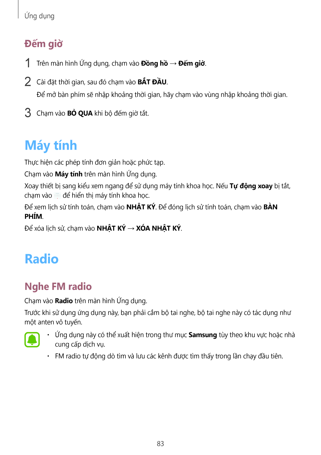 Samsung SM-G610FZKGXXV, SM-G610FWDGXXV, SM-G570YWDDXXV, SM-G570YEDDXXV manual Máy tính, Radio, Đếm giờ, Nghe FM radio 