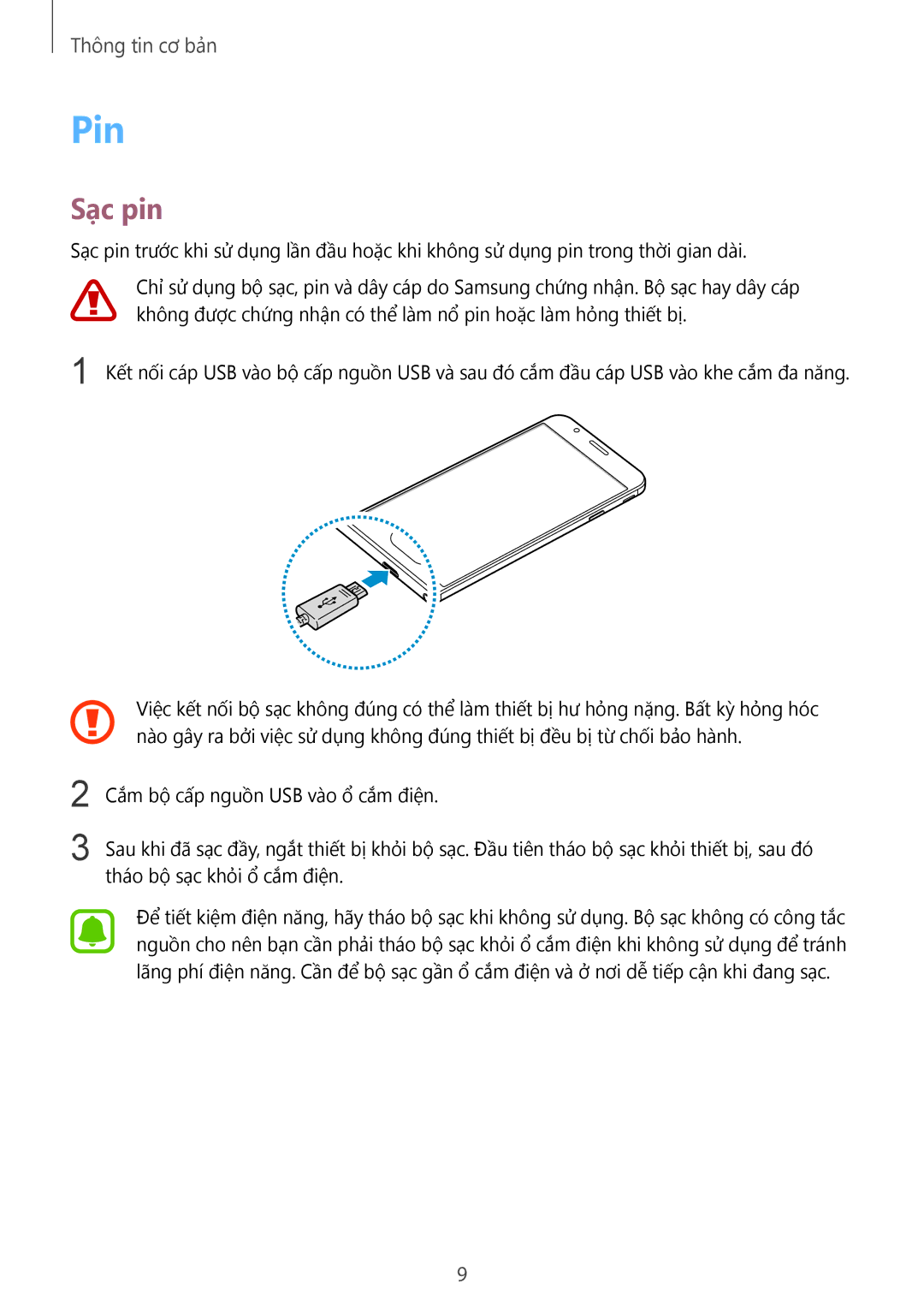 Samsung SM-G570YEDDXXV, SM-G610FWDGXXV, SM-G570YWDDXXV, SM-G570YZKDXXV, SM-G610FZSGXXV, SM-G610FEDGXXV manual Pin, Sạc pin 