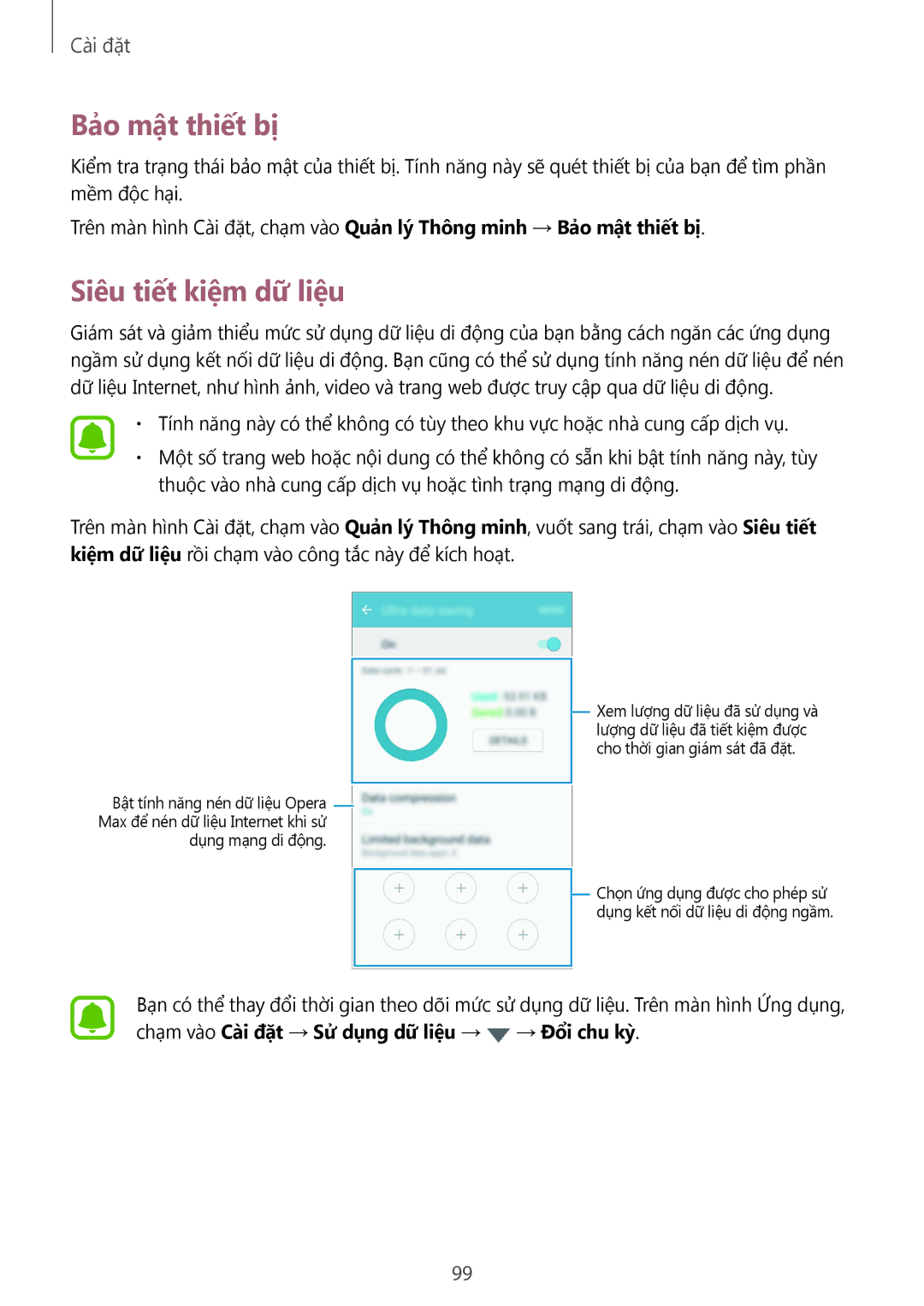 Samsung SM-G570YWDDXXV, SM-G610FWDGXXV, SM-G570YEDDXXV, SM-G570YZKDXXV manual Bảo mật thiết bị, Siêu tiết kiệm dữ liệu 
