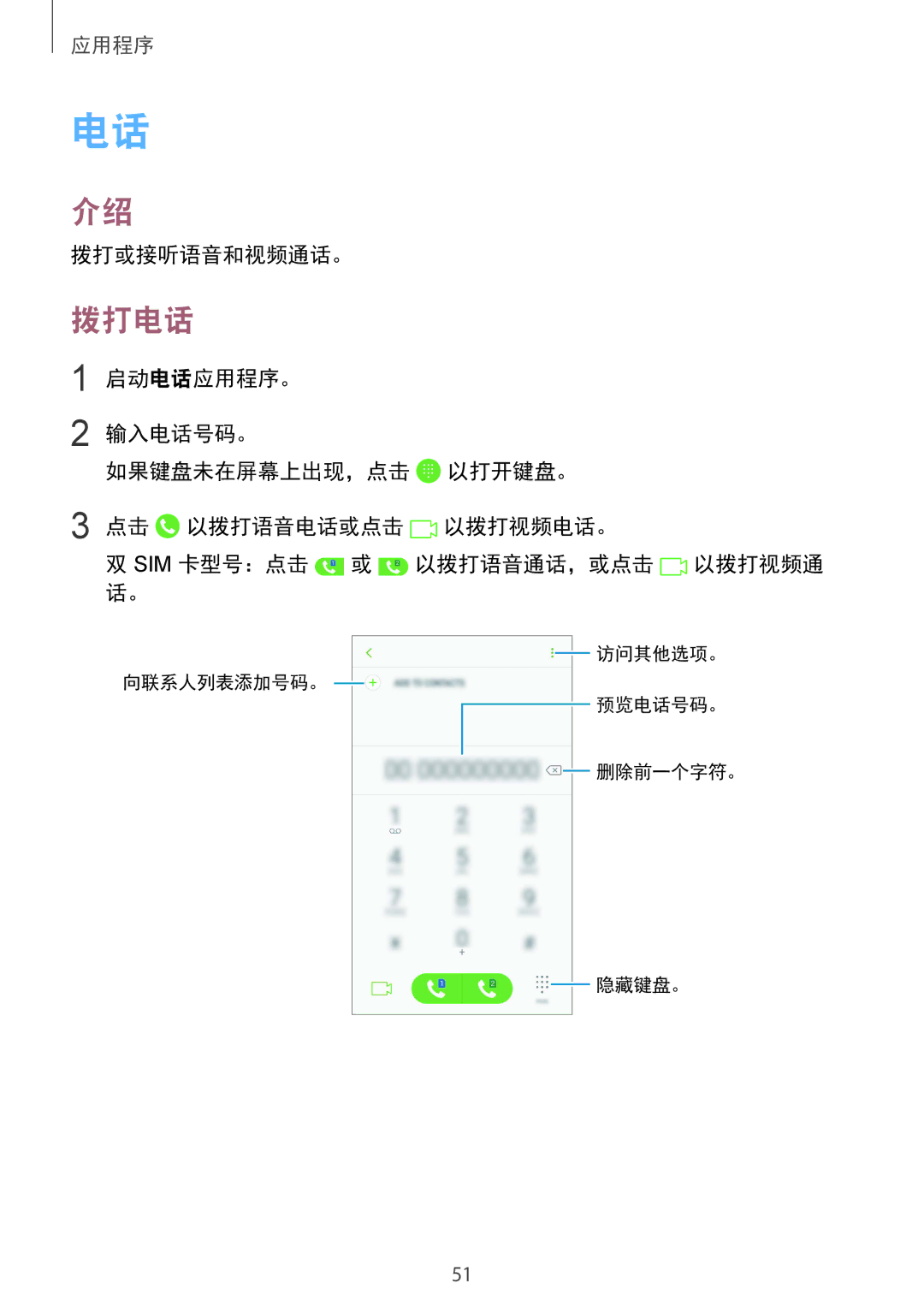 Samsung SM-G610FZKGXXV, SM-G610FWDGXXV, SM-G610FZSGXXV, SM-G610FEDGXXV manual 拨打电话, 拨打或接听语音和视频通话。 