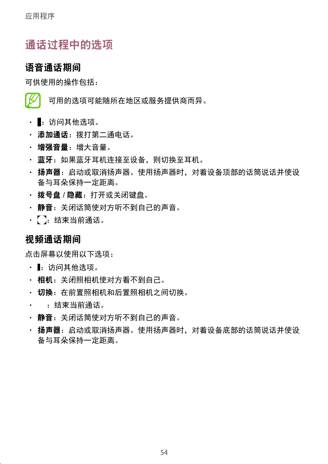 Samsung SM-G610FEDGXXV, SM-G610FWDGXXV manual 通话过程中的选项, 语音通话期间, 视频通话期间, 拨号盘 / 隐藏：打开或关闭键盘。 静音：关闭话筒使对方听不到自己的声音。 ：结束当前通话。 