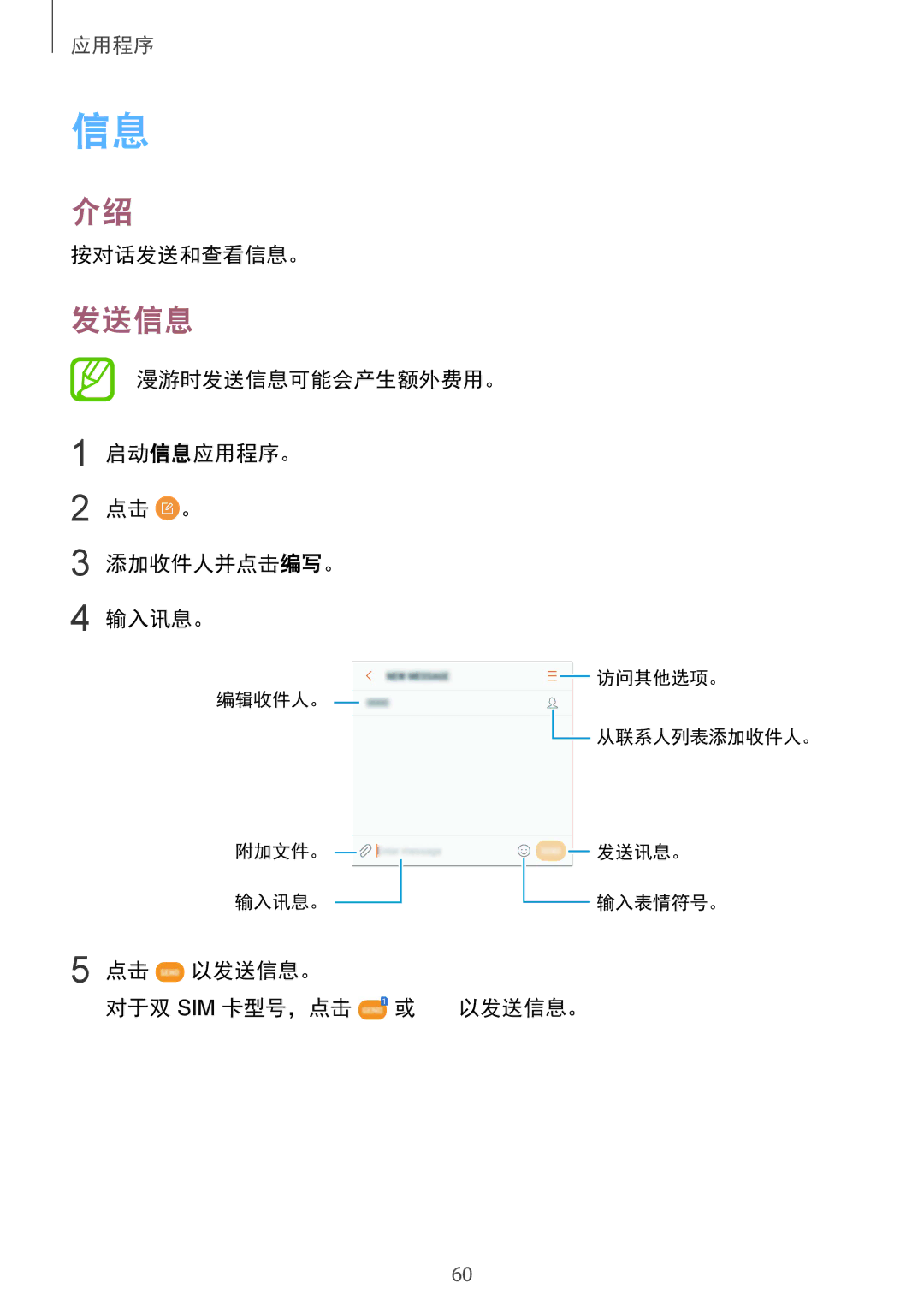 Samsung SM-G610FWDGXXV manual 按对话发送和查看信息。, 漫游时发送信息可能会产生额外费用。 启动信息应用程序。 点击 。 添加收件人并点击编写。 输入讯息。, 以发送信息。 对于双 Sim 卡型号，点击 