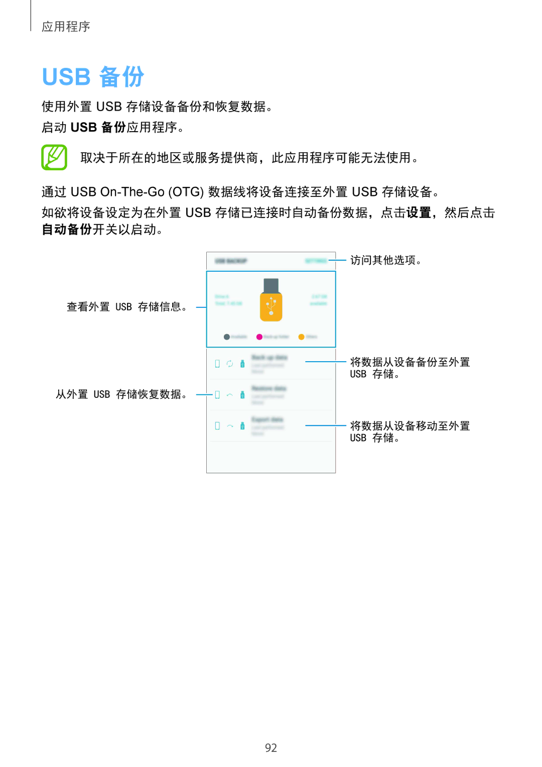 Samsung SM-G610FWDGXXV, SM-G610FZSGXXV, SM-G610FEDGXXV manual Usb 备份, 如欲将设备设定为在外置 Usb 存储已连接时自动备份数据，点击设置，然后点击 自动备份开关以启动。 