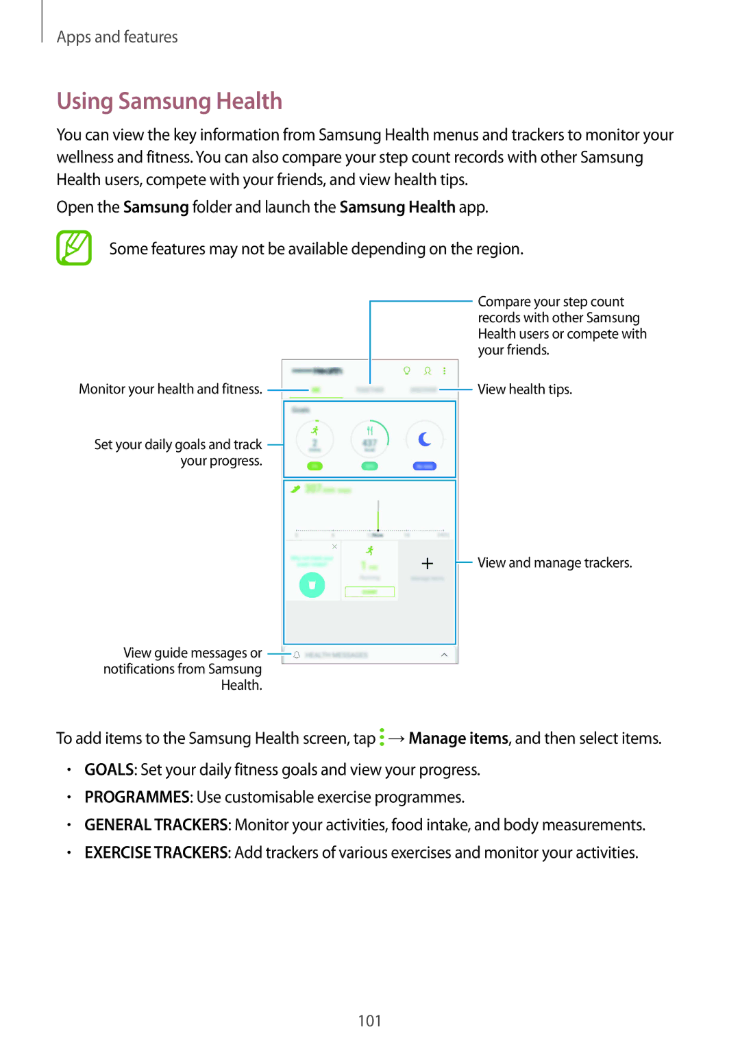 Samsung SM-G611FZKDKSA, SM-G611FZDDKSA manual Using Samsung Health, Monitor your health and fitness 