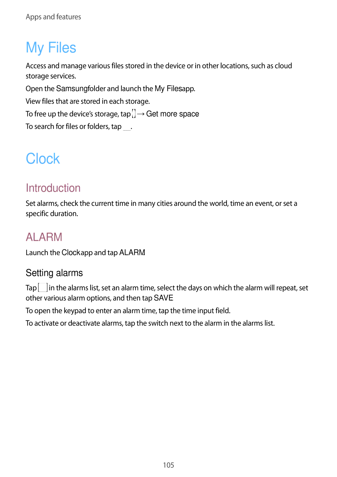 Samsung SM-G611FZKDKSA, SM-G611FZDDKSA manual My Files, Setting alarms, Launch the Clock app and tap Alarm 